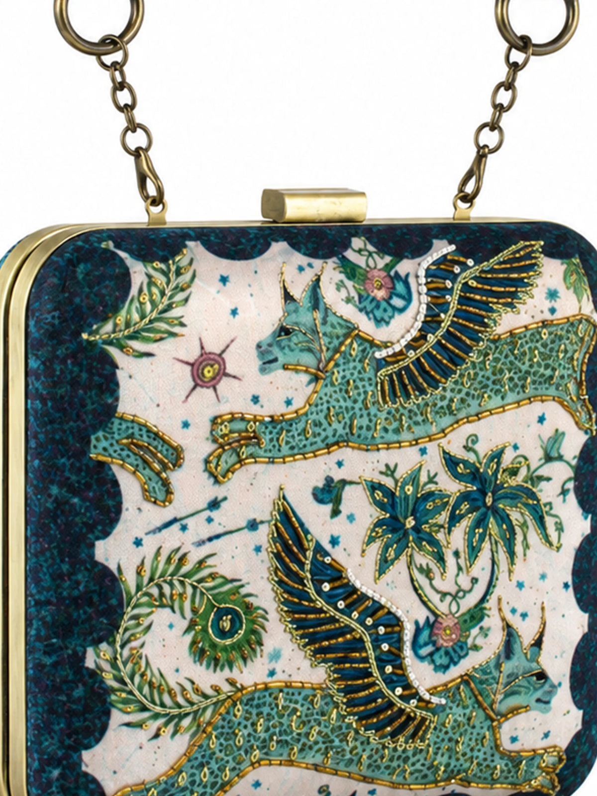 Mythical Bird Print Clutch Bag with Embroidery & Bamboo Handle