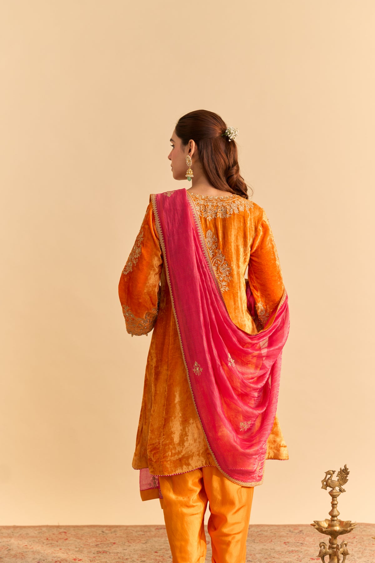 Orange Velvet A-Line Kurta Set with Tulip Dhoti & Dupatta