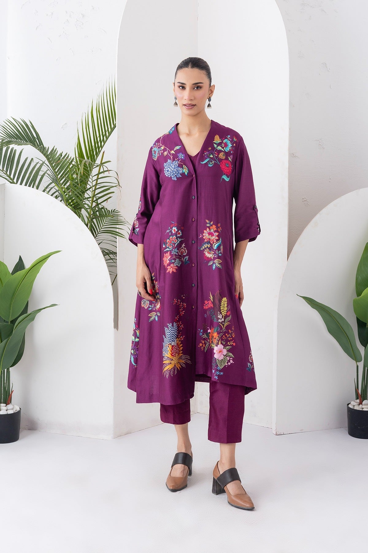 Wine Silk Chanderi Printed High-Low Dress Set (3 PCS)
