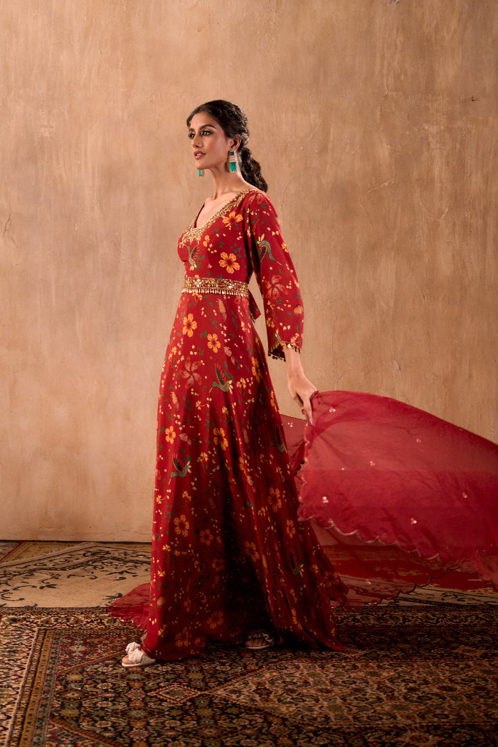 RED PRINT EMBROIDERED ANARKALI WITH DUPATTA AND BELT SET - image 7