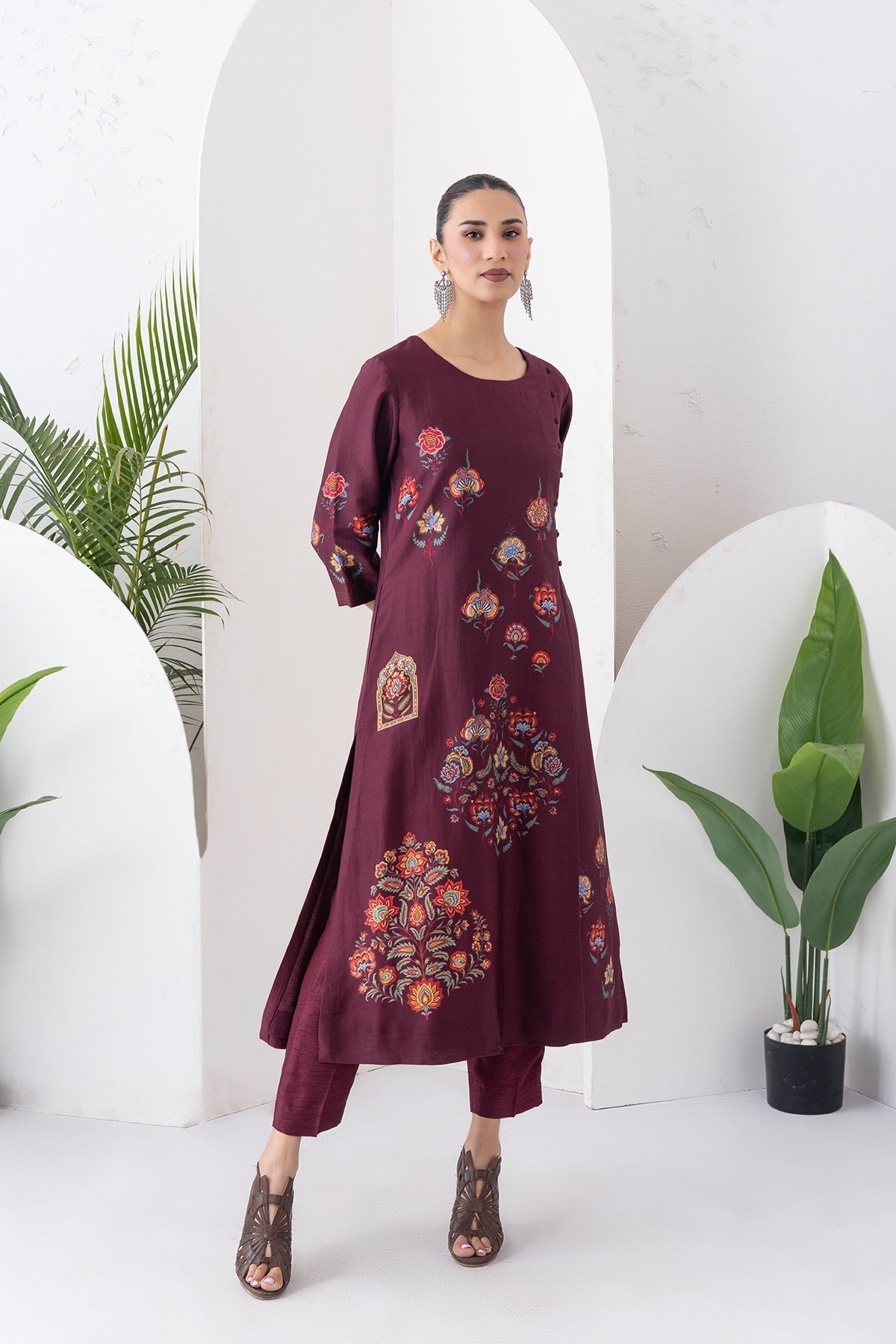 Chocolate Brown Silk Chanderi Printed Side Panel Dress Set (2 PCS)