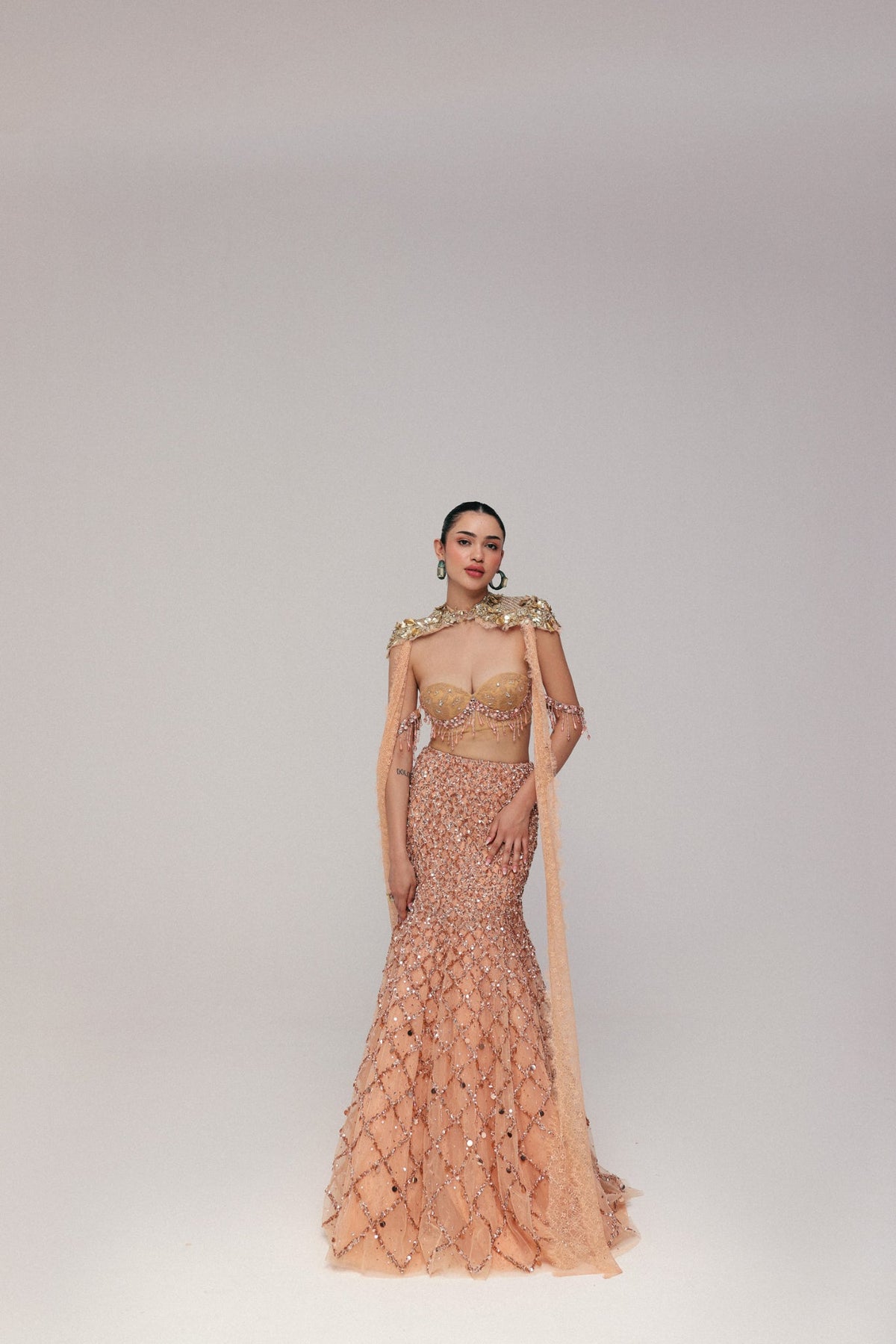 Crystal & Zardosi Embroidery, Tulle & French Lace with Silk, Three Piece Set, Blouse and Flared Skirt Silhouette