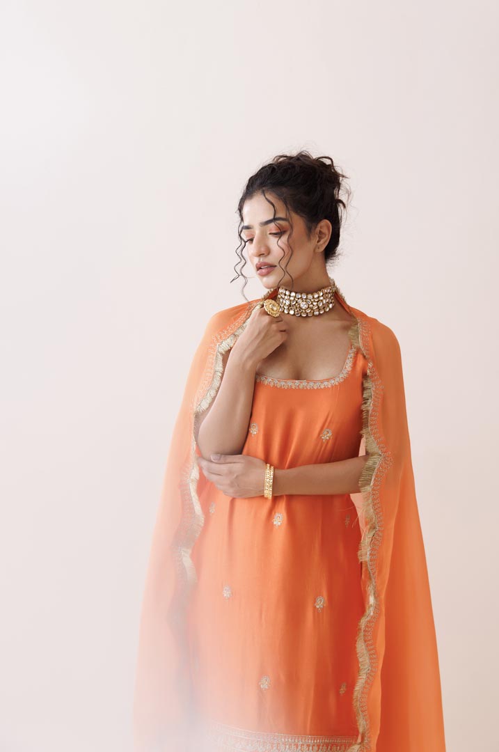 Orange square neck kurta set