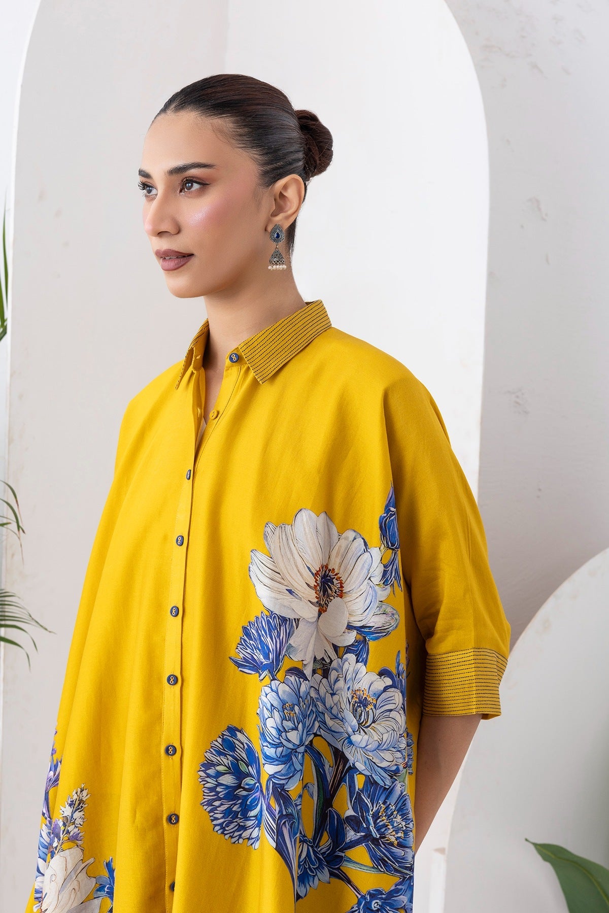 Yellow Silk Chanderi Front Open Kaftan Style Printed Dress Set (3 PCS)