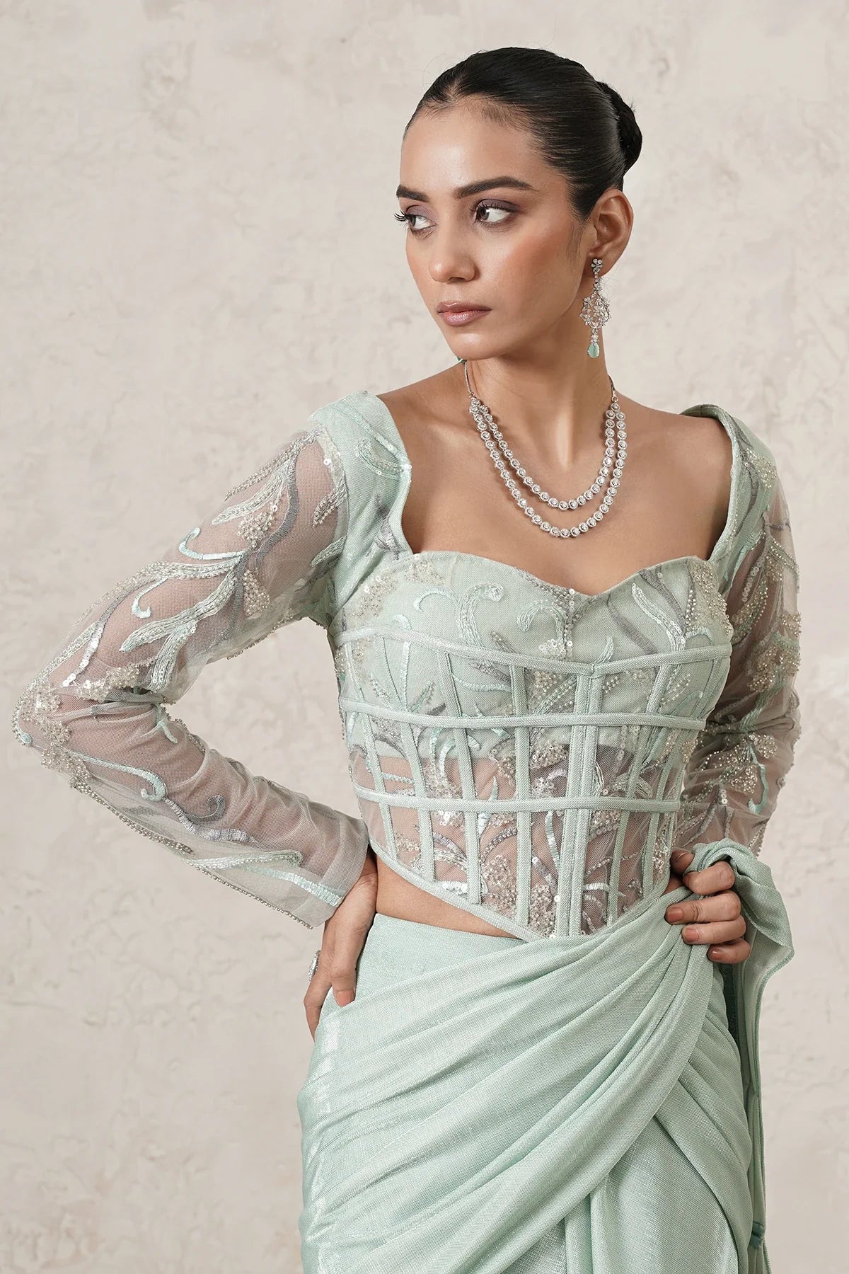 Jharokha Pre-Draped Saree with Hand-Embroidered Corset Blouse | Mint Green |  Women | THETAA