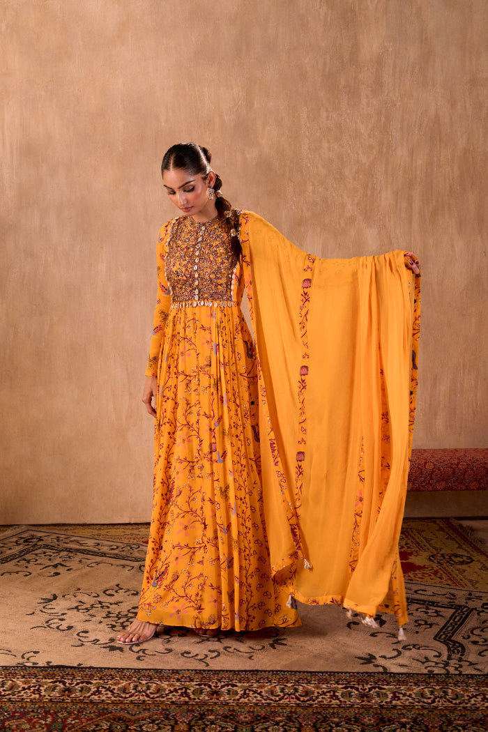 YELLOW PRINT EMBROIDERED ANARKALI AND DUPATTA SET - image 7