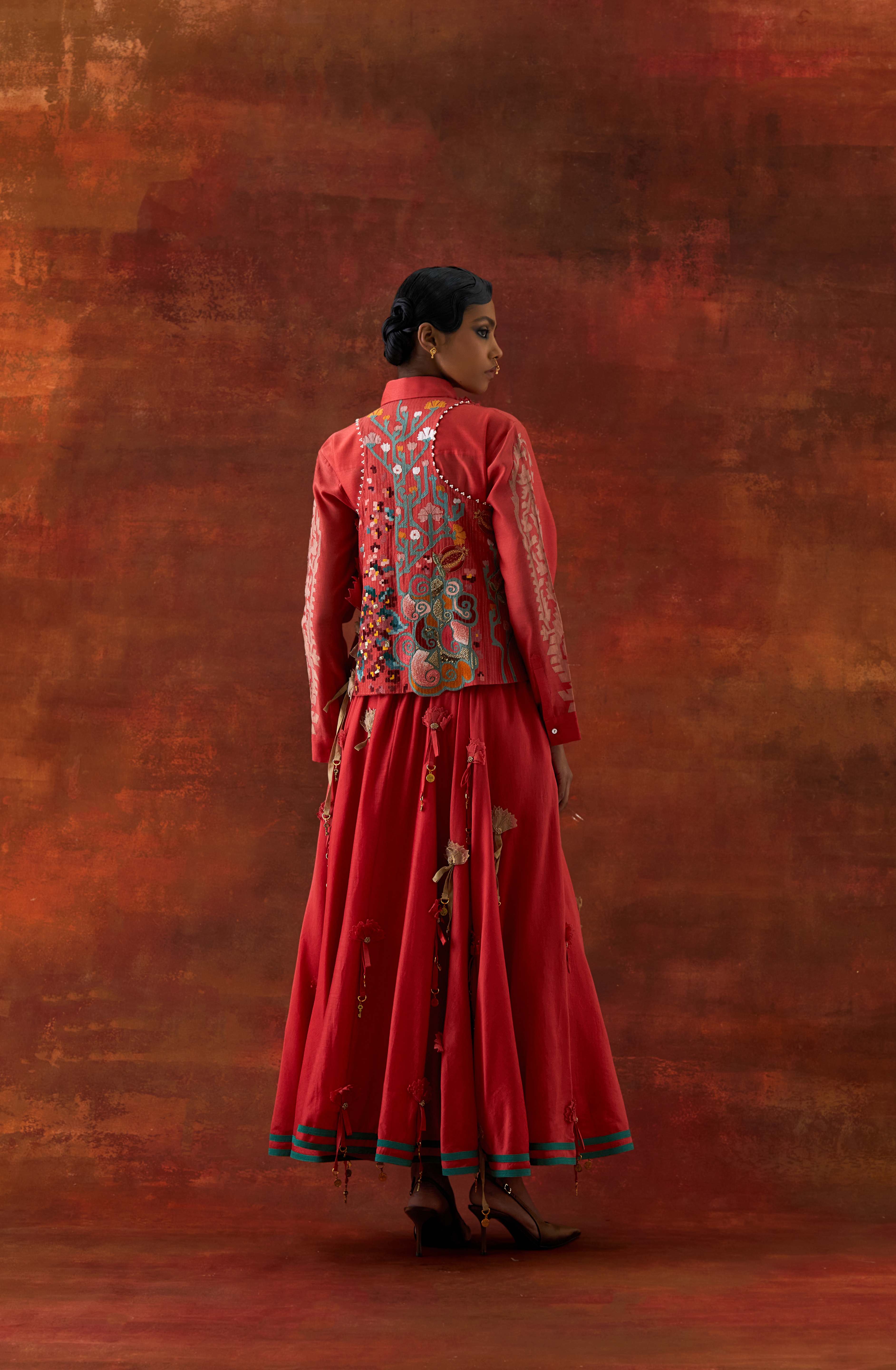 EMB ENGINEERED COWL RACER BACK JACKET + SHIRT WITH EMB BOOTA SLEEVES AND 3D FLOWER SKIRT - image 7