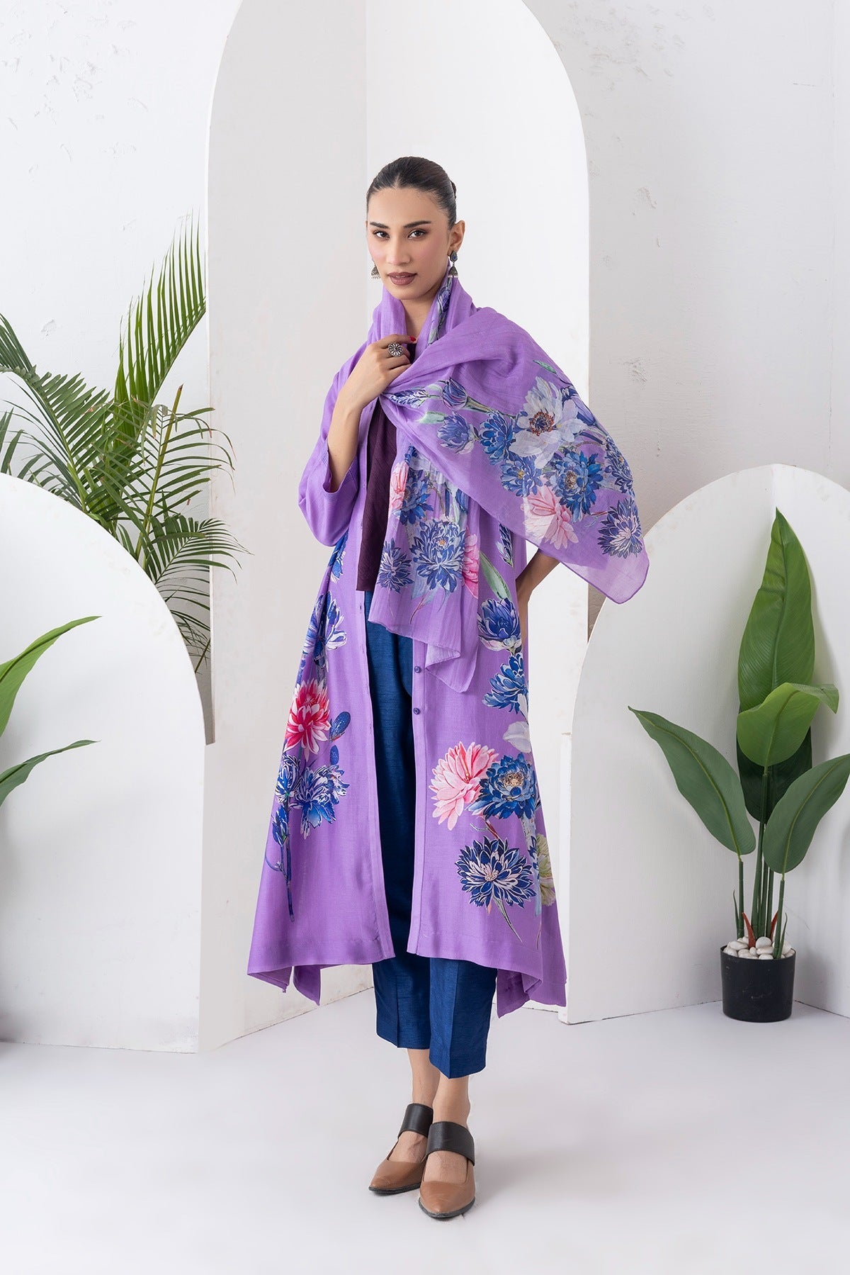 Lavender Silk Chanderi Front Open Printed Dress Set (3 PCS)