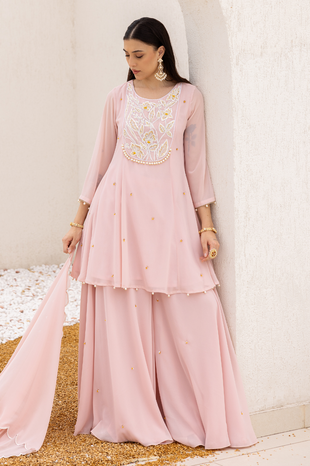 Anchal Peplum Suit With Sharara in Rose Pink Georgette