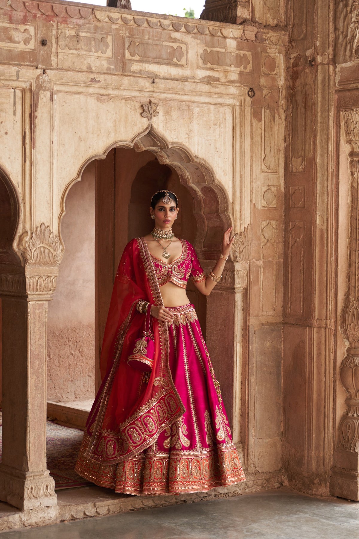 Hot Pink Raw Silk Lehenga with Kashmiri Tilla & Gota Work