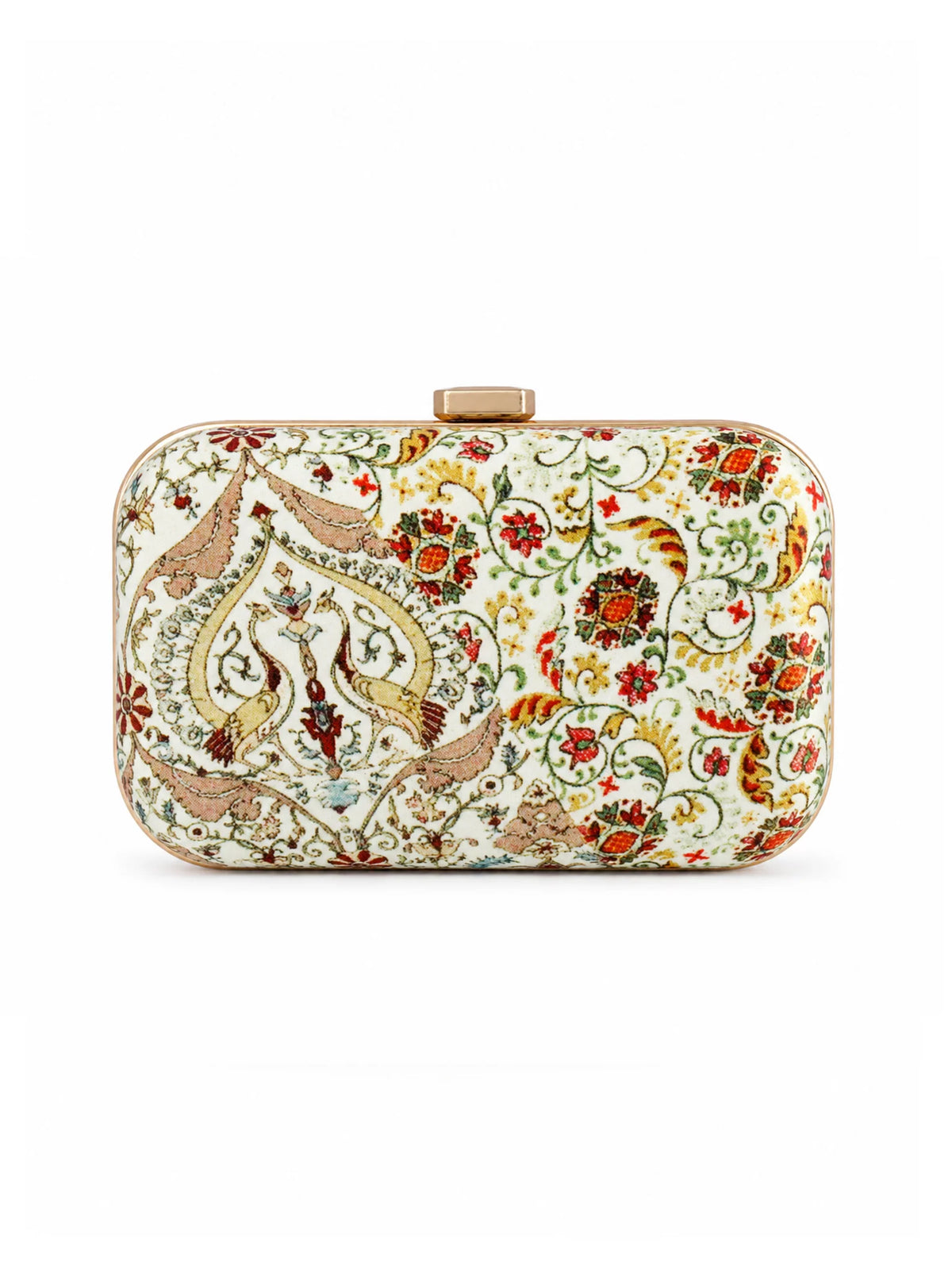 Ivory Floral Print Jewel Clutch Bag with Pearl Tassel