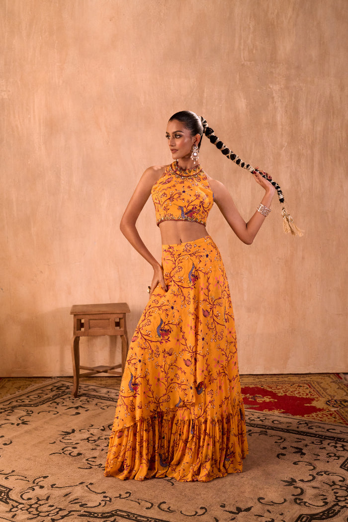 YELLOW PRINT EMBROIDERED HALTER CHOLI AND LAYERED LEHENGA SKIRT SET - image 7