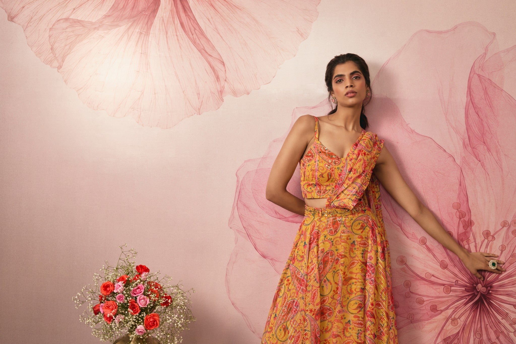 YELLOW PAISLEY PRINTED LEHENGA SET