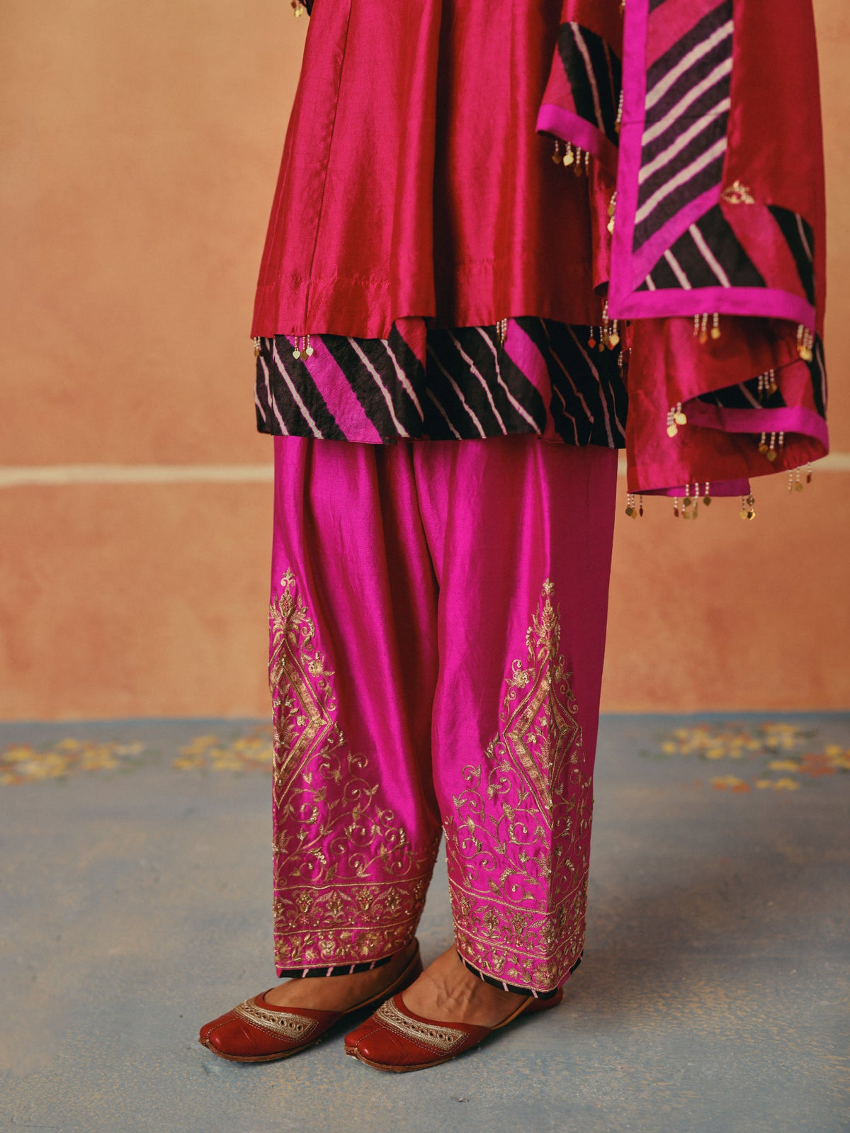 Red and Rani Leheriya Layered Anarkali