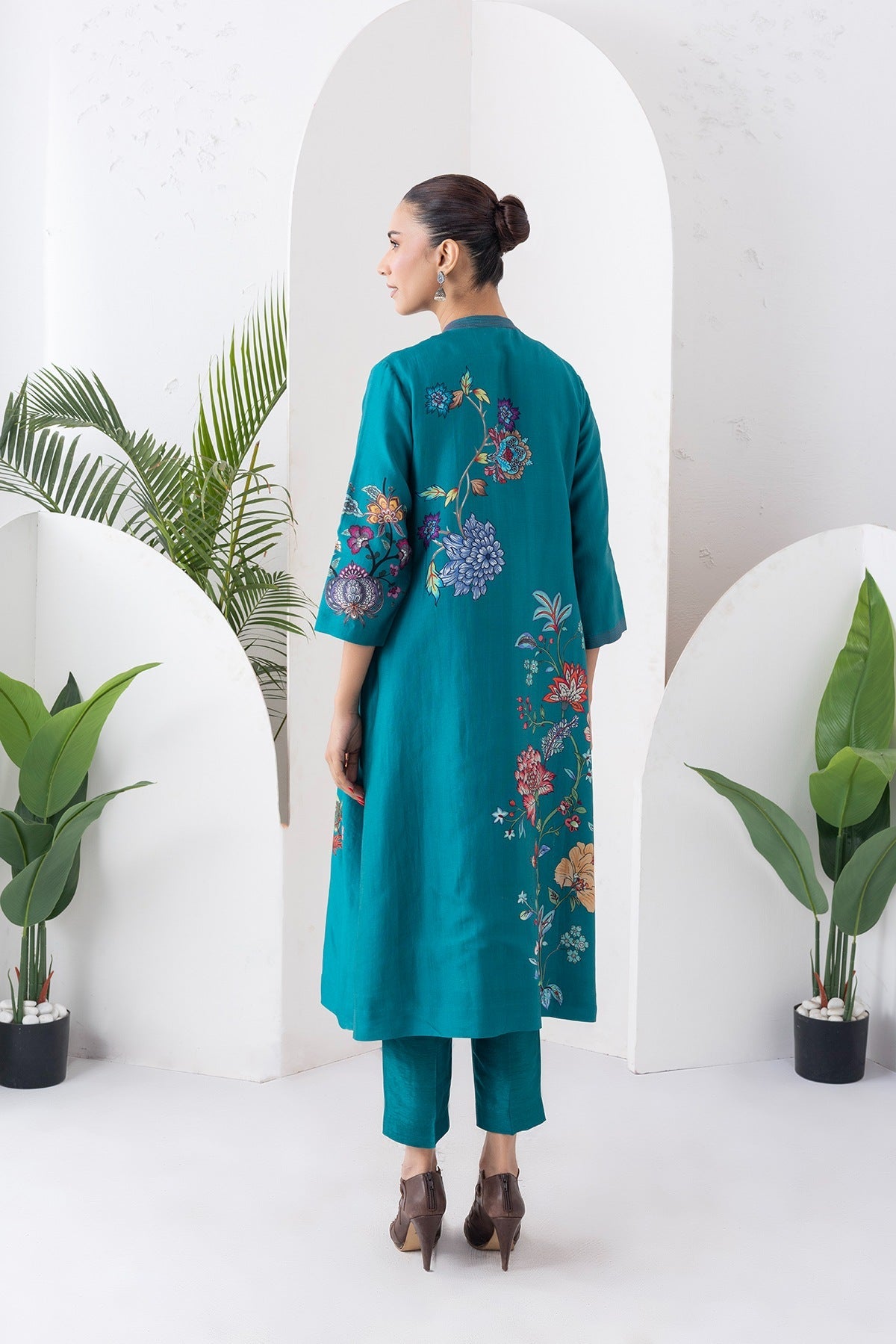 Emerald Silk Chanderi Floral Printed Front-Zip Dress Set (3 PCS)