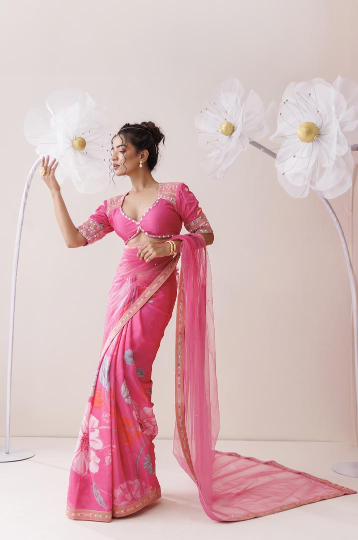 Pink net saree