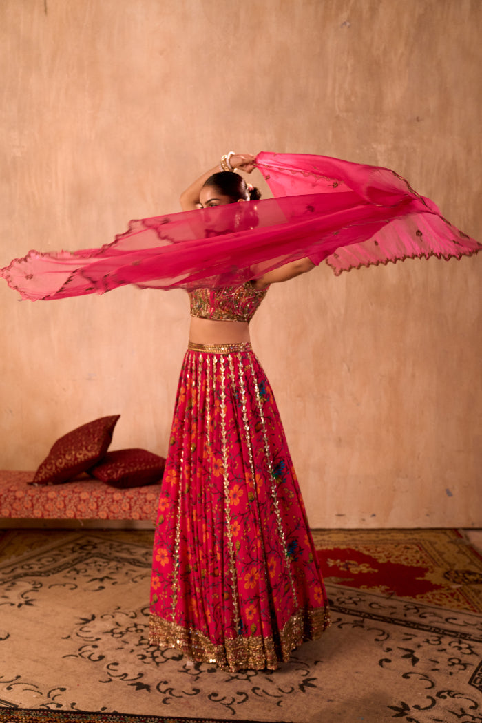 PINK PRINT EMBROIDERED CHOLI, LEHENGA AND DUPATTA SET - image 7
