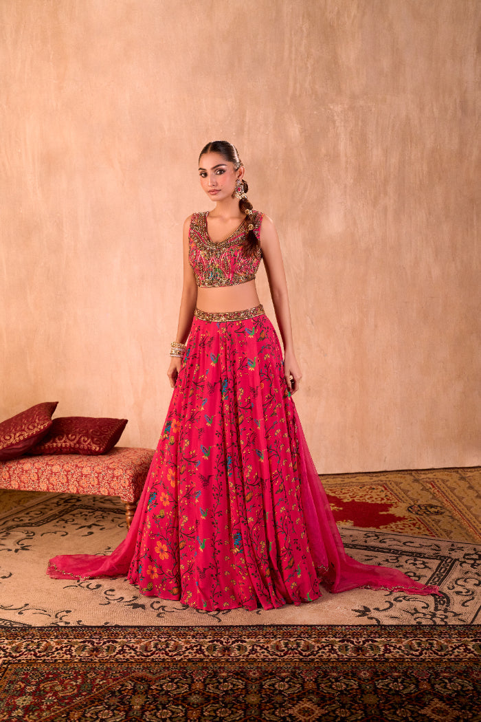 PINK PRINT EMBROIDERED CHOLI, LEHENGA AND DUPATTA SET - image 7