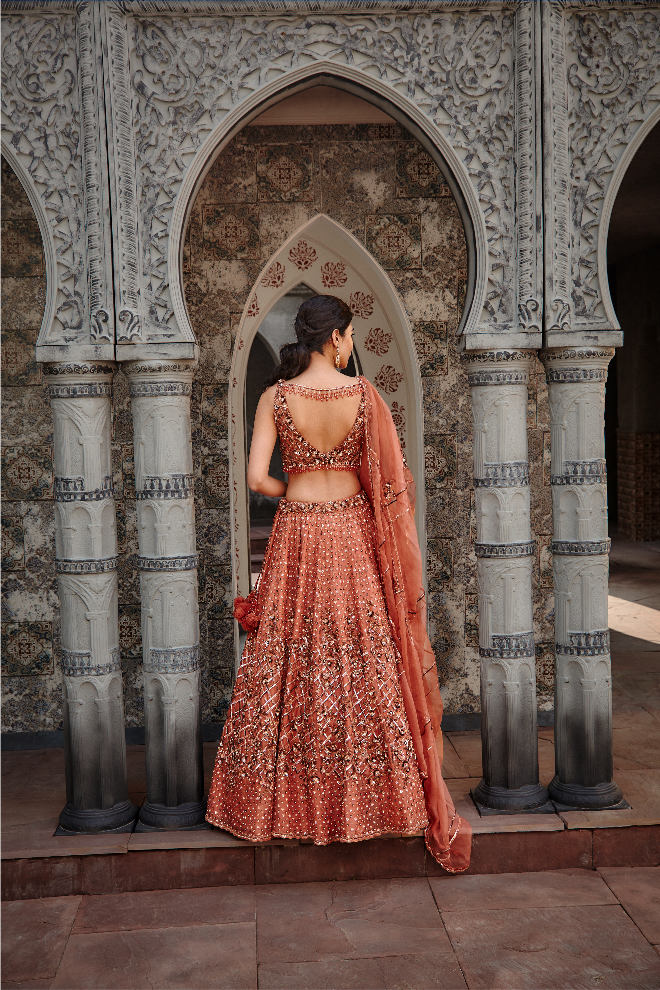Copper Rust Organza Lehenga Choli Set with Tonal Sequins