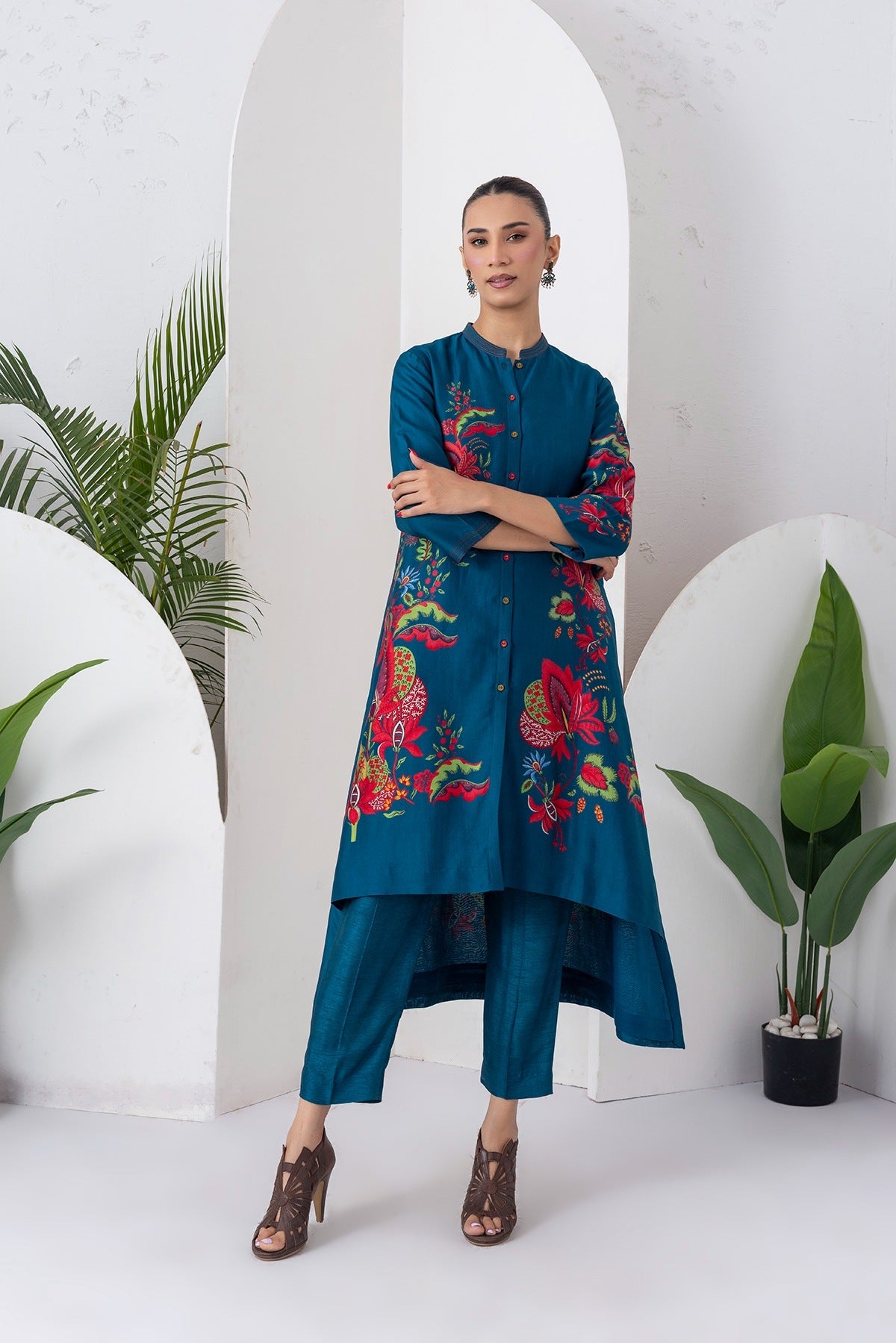 Indigo Silk Chanderi Printed Front Open Floral High-Low Dress Set (3 PCS)