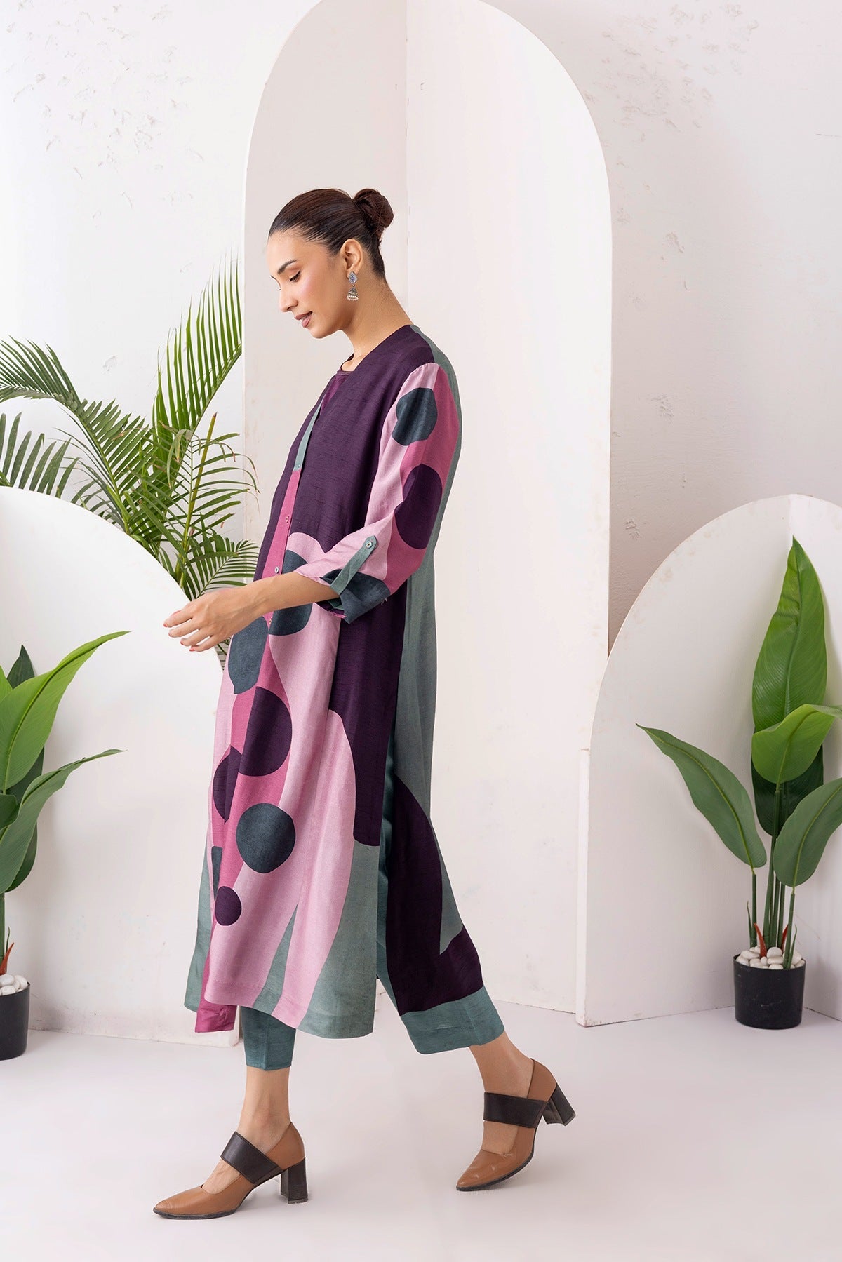 Salmon Pink & Wine Viscose Dupion Printed Dress Set (3 PCS)