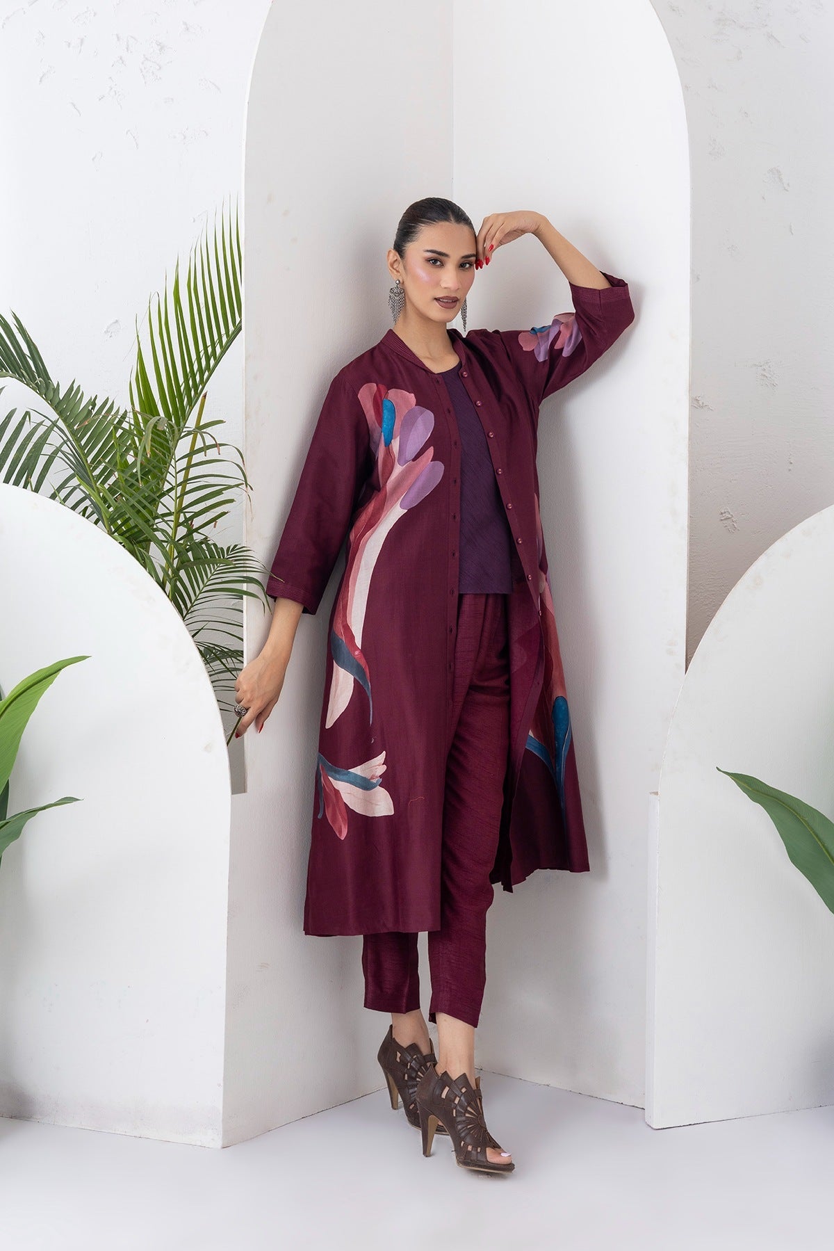 Chocolate Brown Silk Chanderi Printed Dress Set (3 PCS)