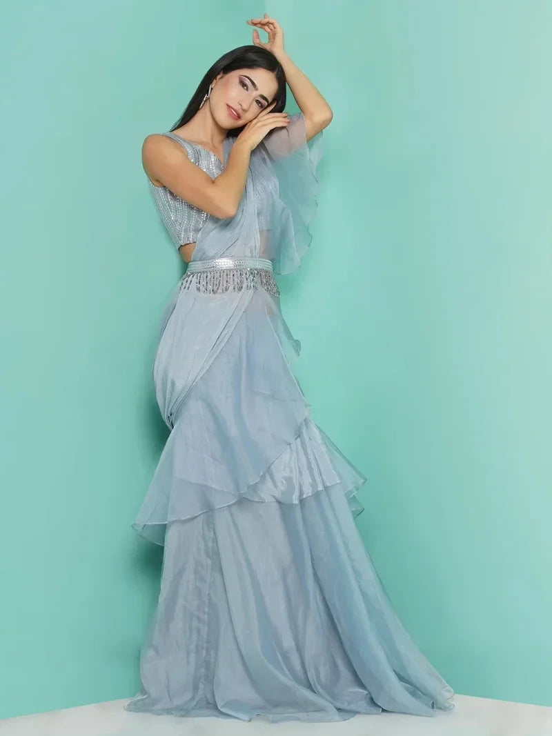 Sequin Saree drape with Organza frill