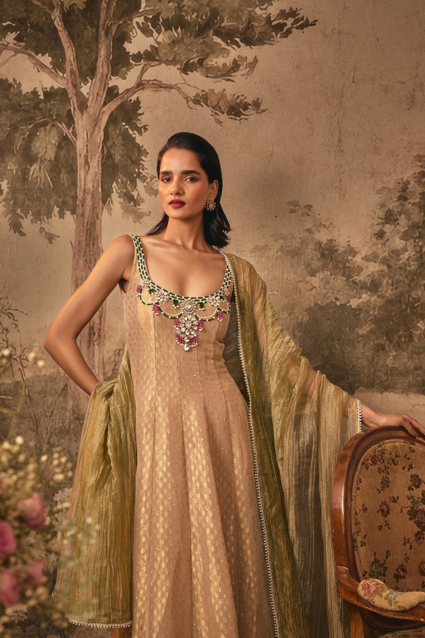 Muted Nude Gold Embellished Anarkali Set