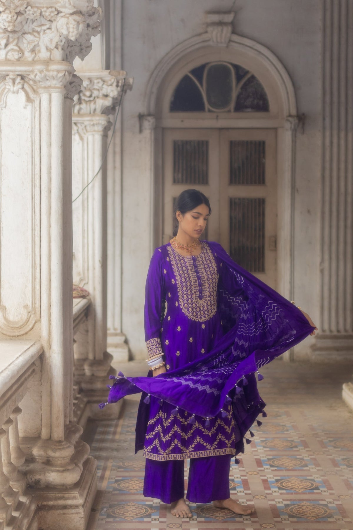 embroidered kurta set with bandhni dupatta