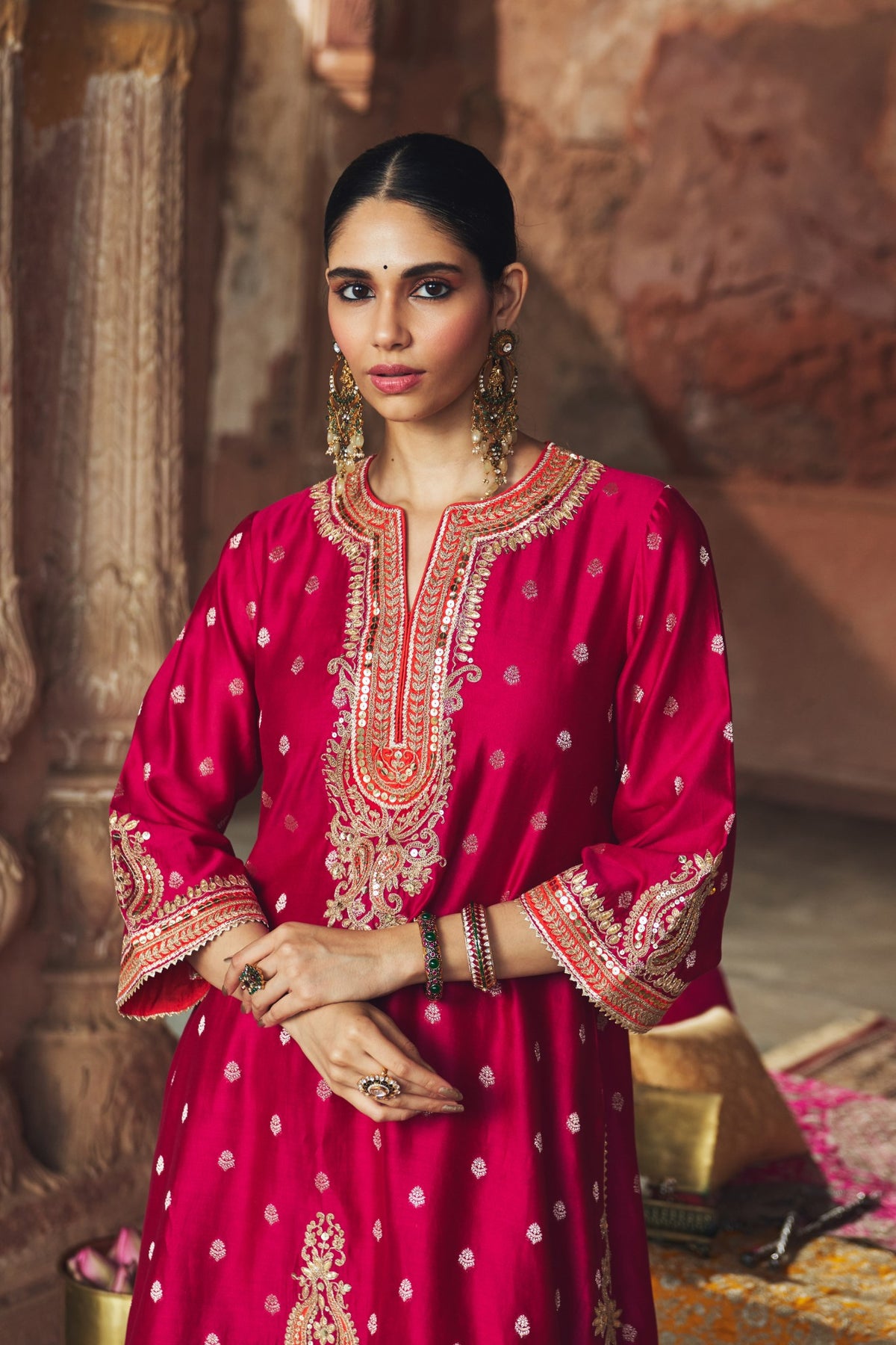Hot Pink Banarasi Silk Kurta Salwar Set with Organza Dupatta