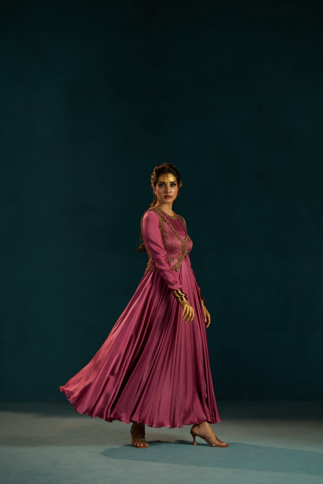 Onion Pink Organza Satin Anarkali with Metal Chain Jacket.