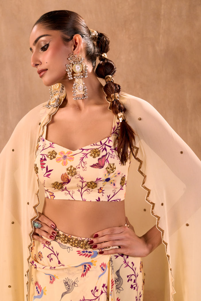 IVORY PRINT EMBROIDERED CHOLI, DRAPED SKIRT AND DUPATTA SET - image 7