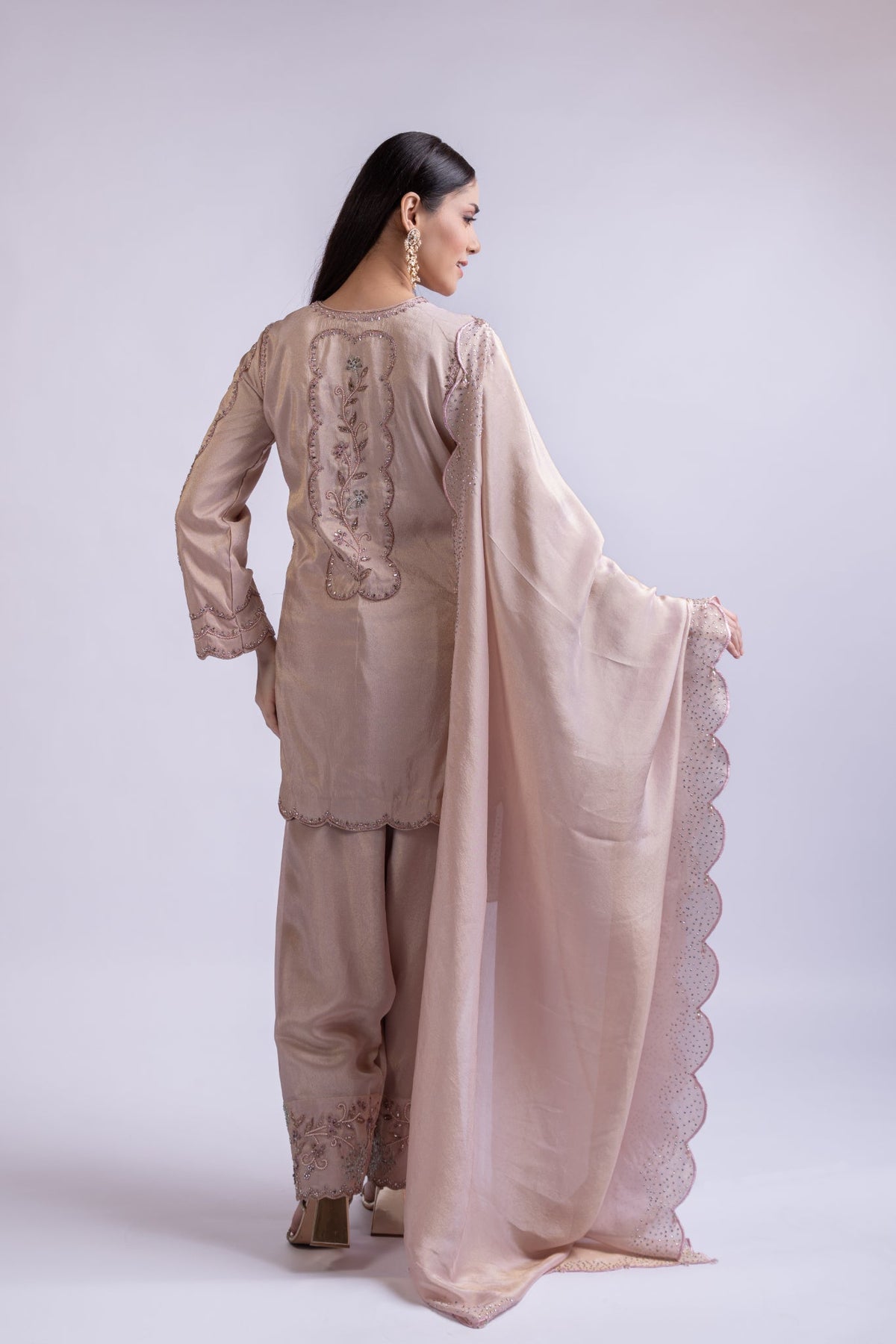 Blush Pink Tissue Embroidered Shirt Set with Dupatta