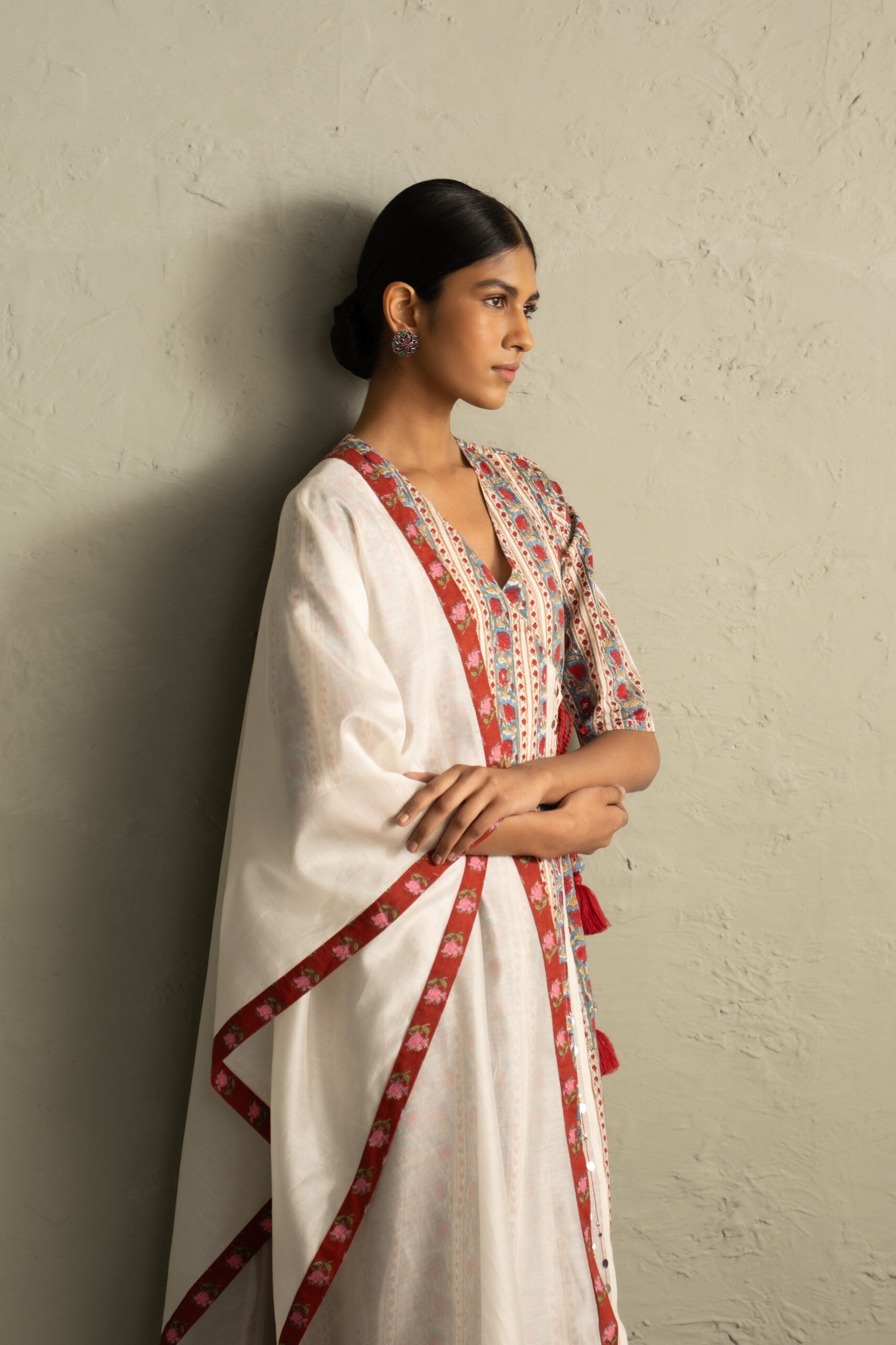 Cream Phool Dori Hand Block Angrakha Straight Kurta Set