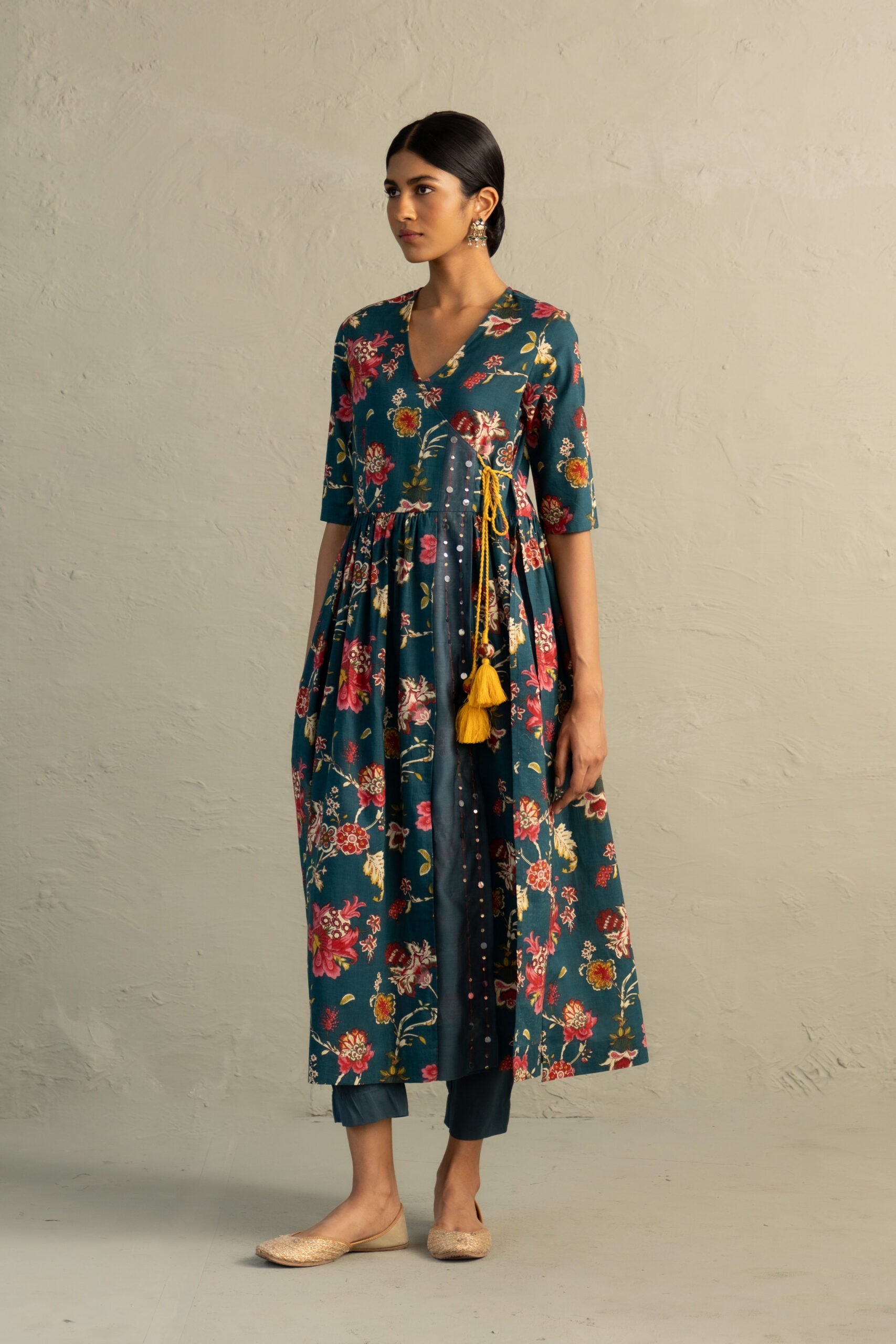 Teal Phool Dori Angrakha Straight Kurta Set