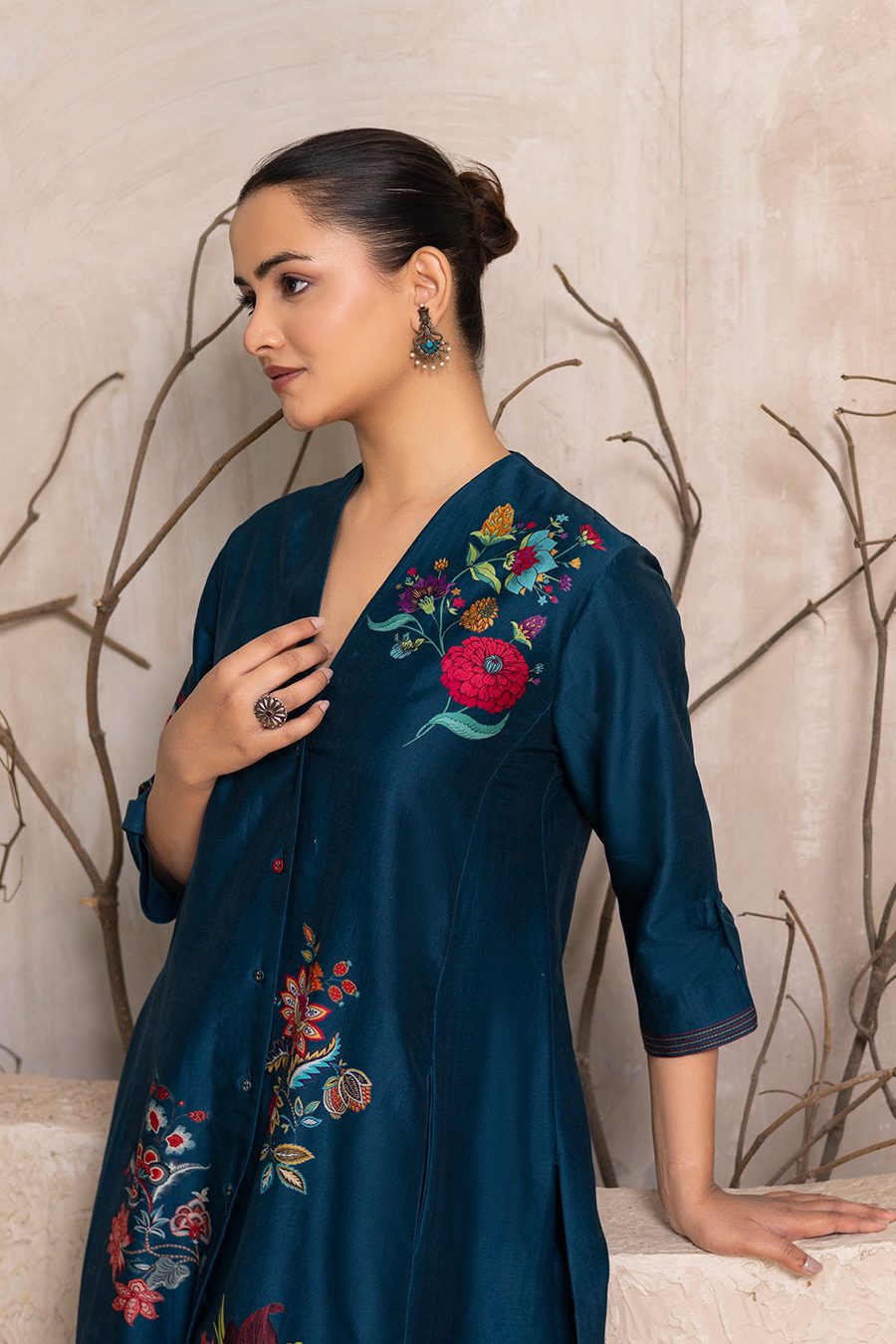 Indigo Silk Chanderi Printed High-Low Dress (1 PC)
