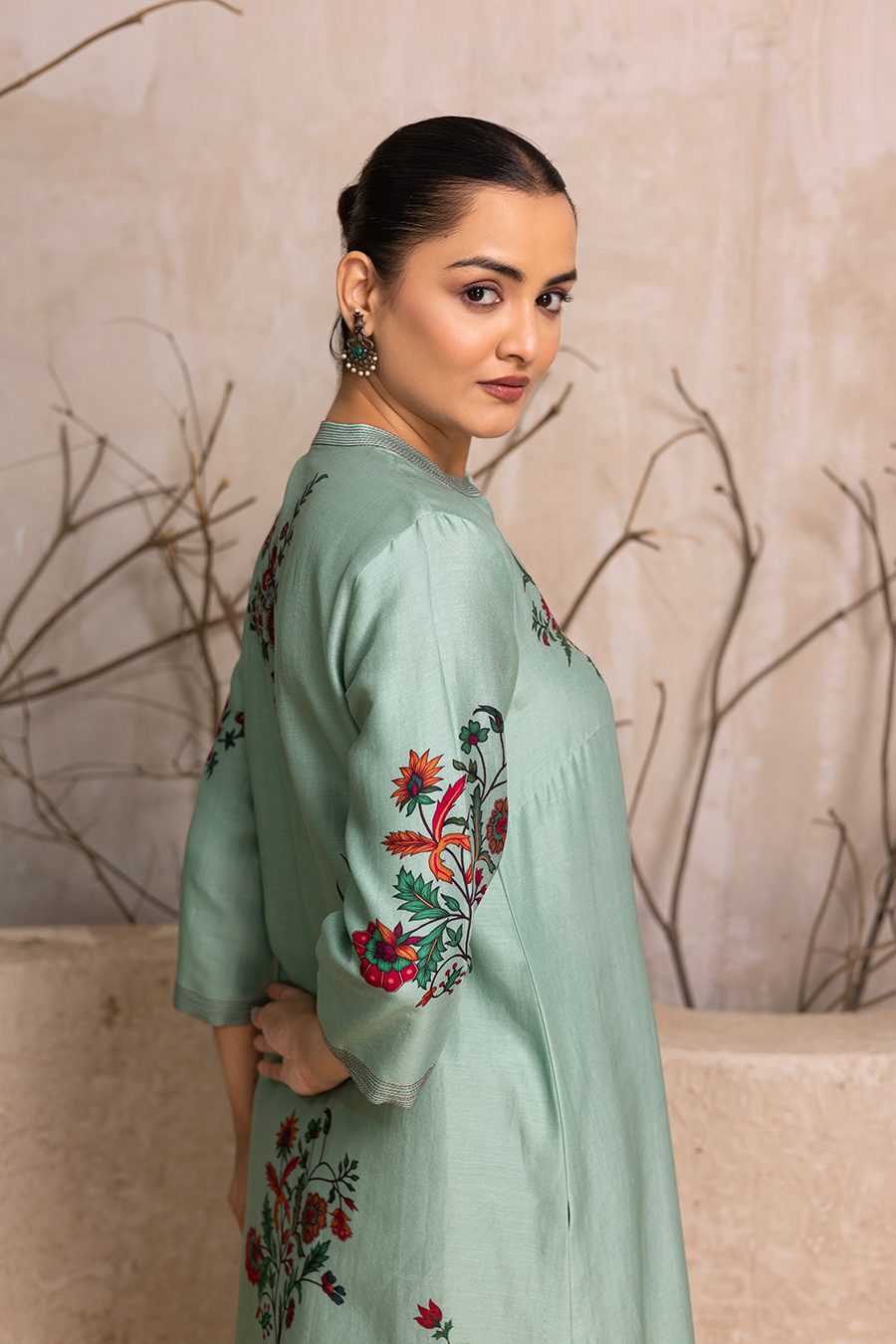 Mint Silk Chanderi Floral Boota Printed Tunic (1 PC)