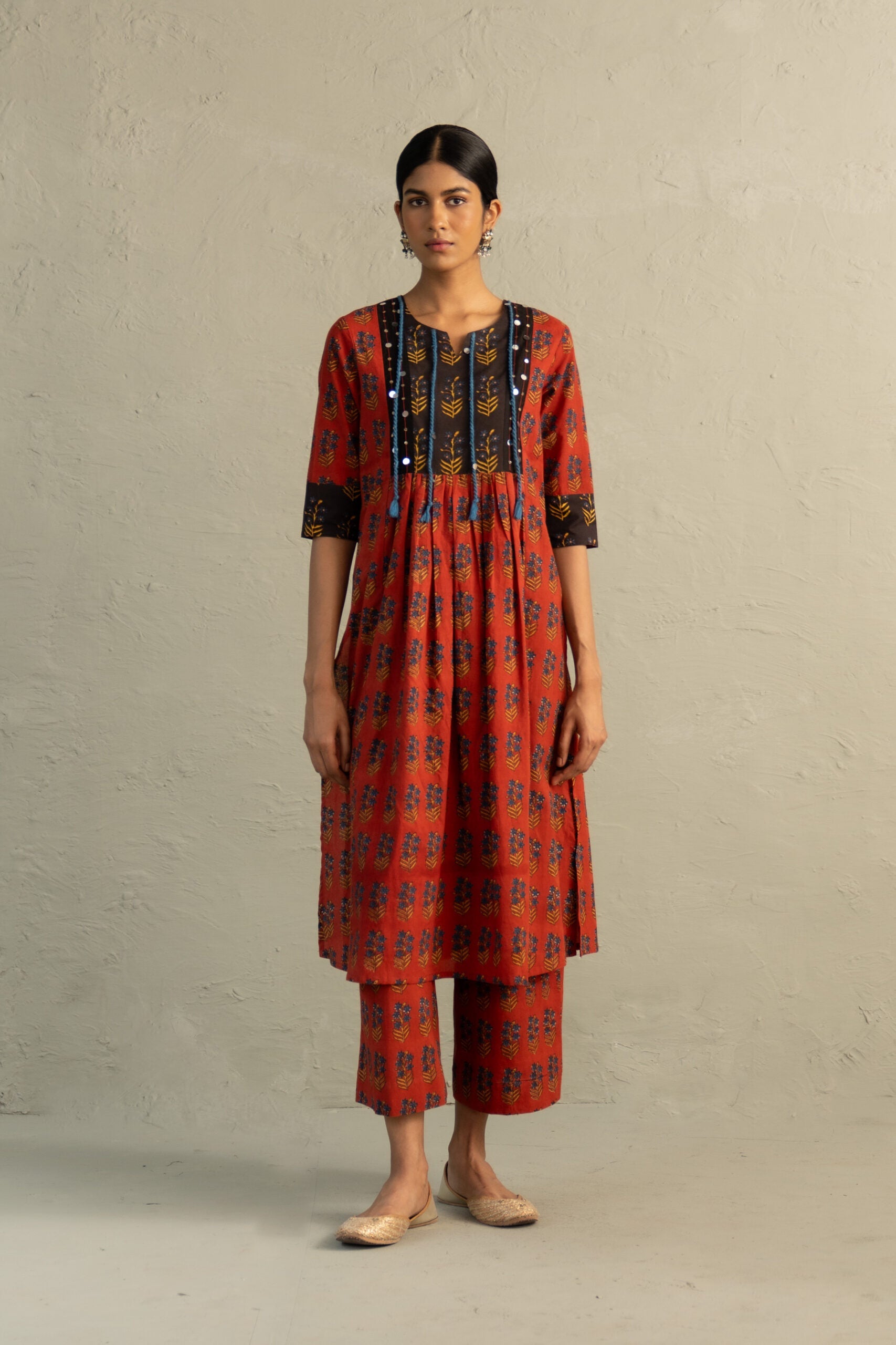 Red Phool Dori Hand Block Kurta Set