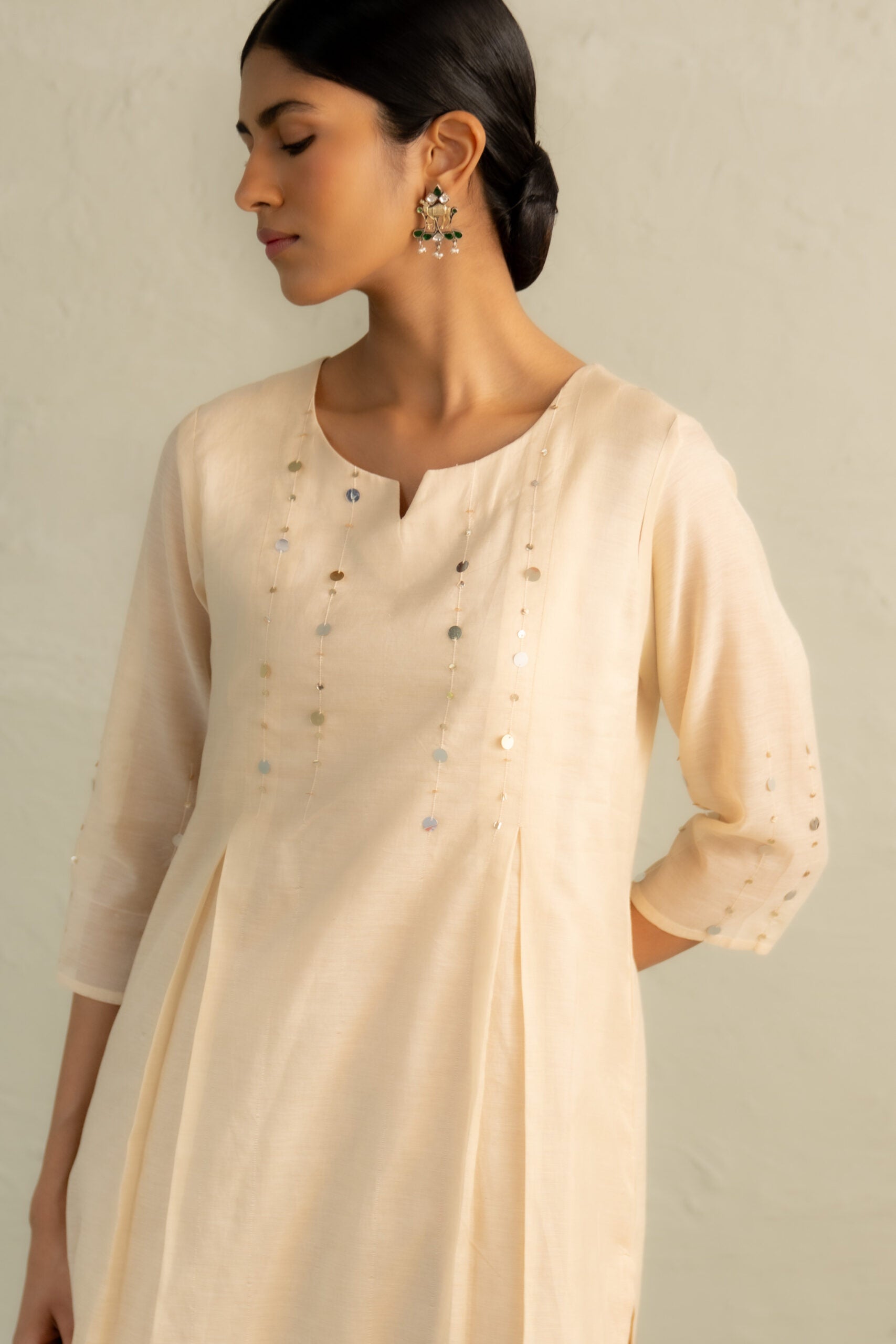 Beige Phool Dori Pleated Kurta Set