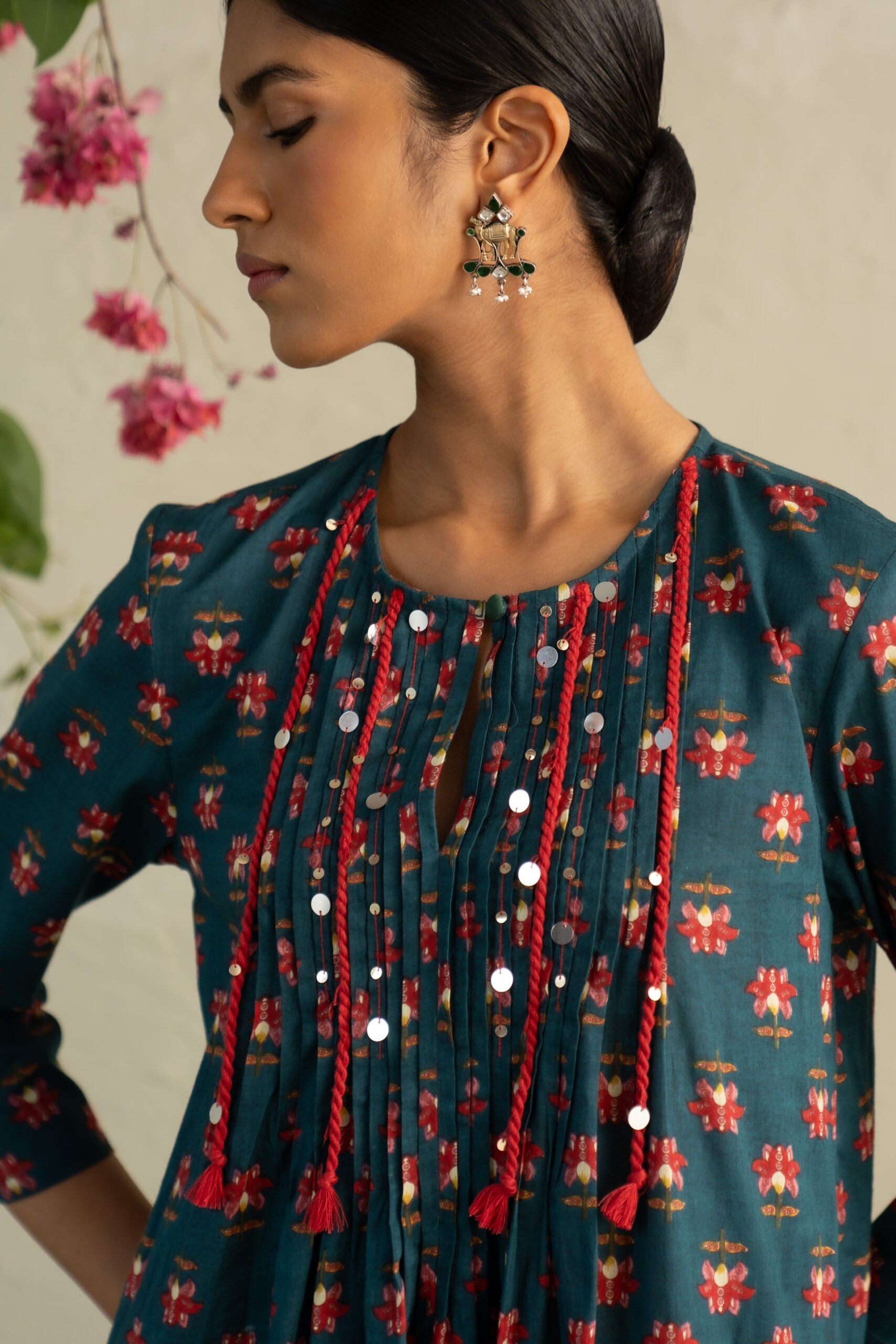 Teal Phool Dori Pintuck Kurta Set