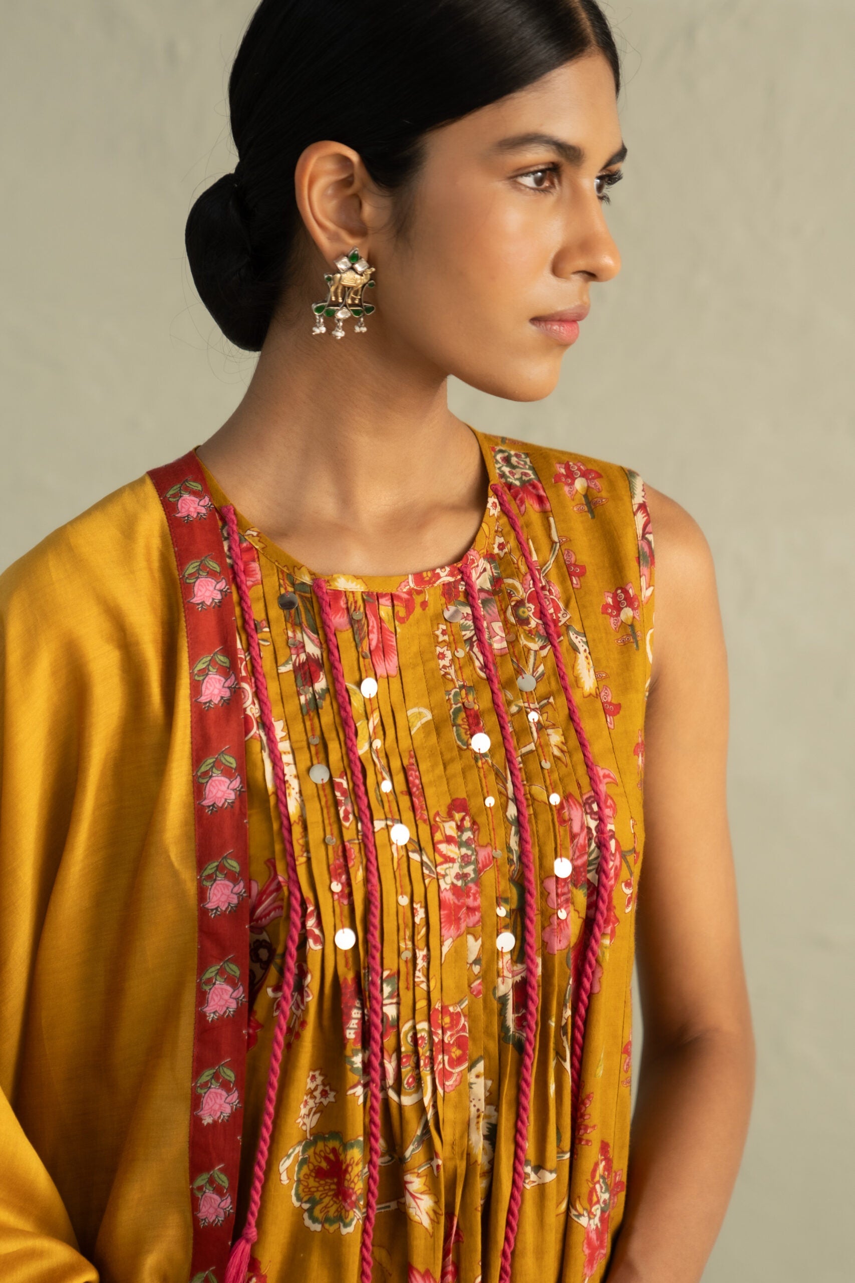 Mustard Phool Dori Pintuck Sleeveless Kurta Salwar Set