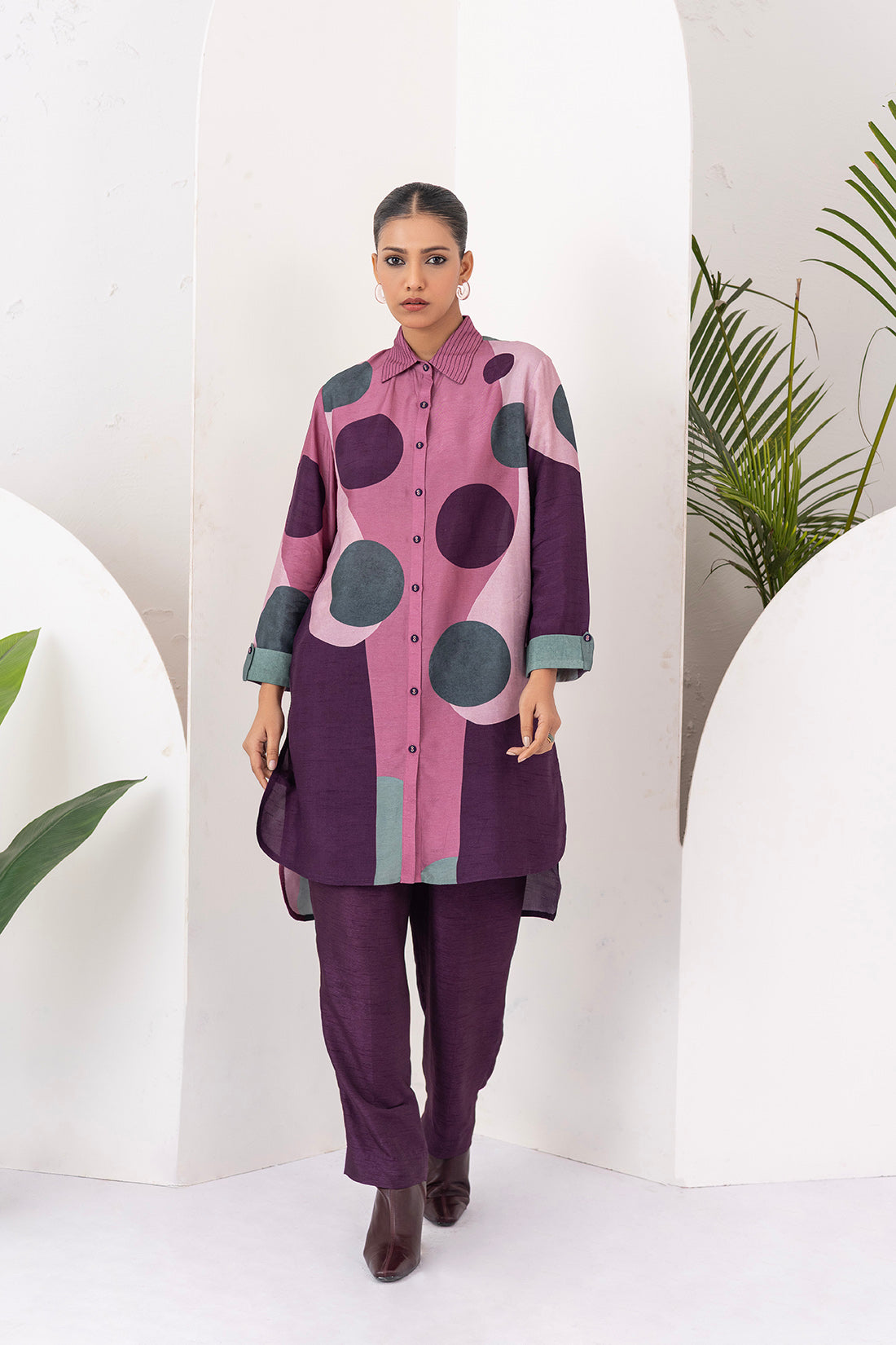 Salmon Pink & Wine Viscose Dupion Printed Shirt Style Tunic (1 PC)