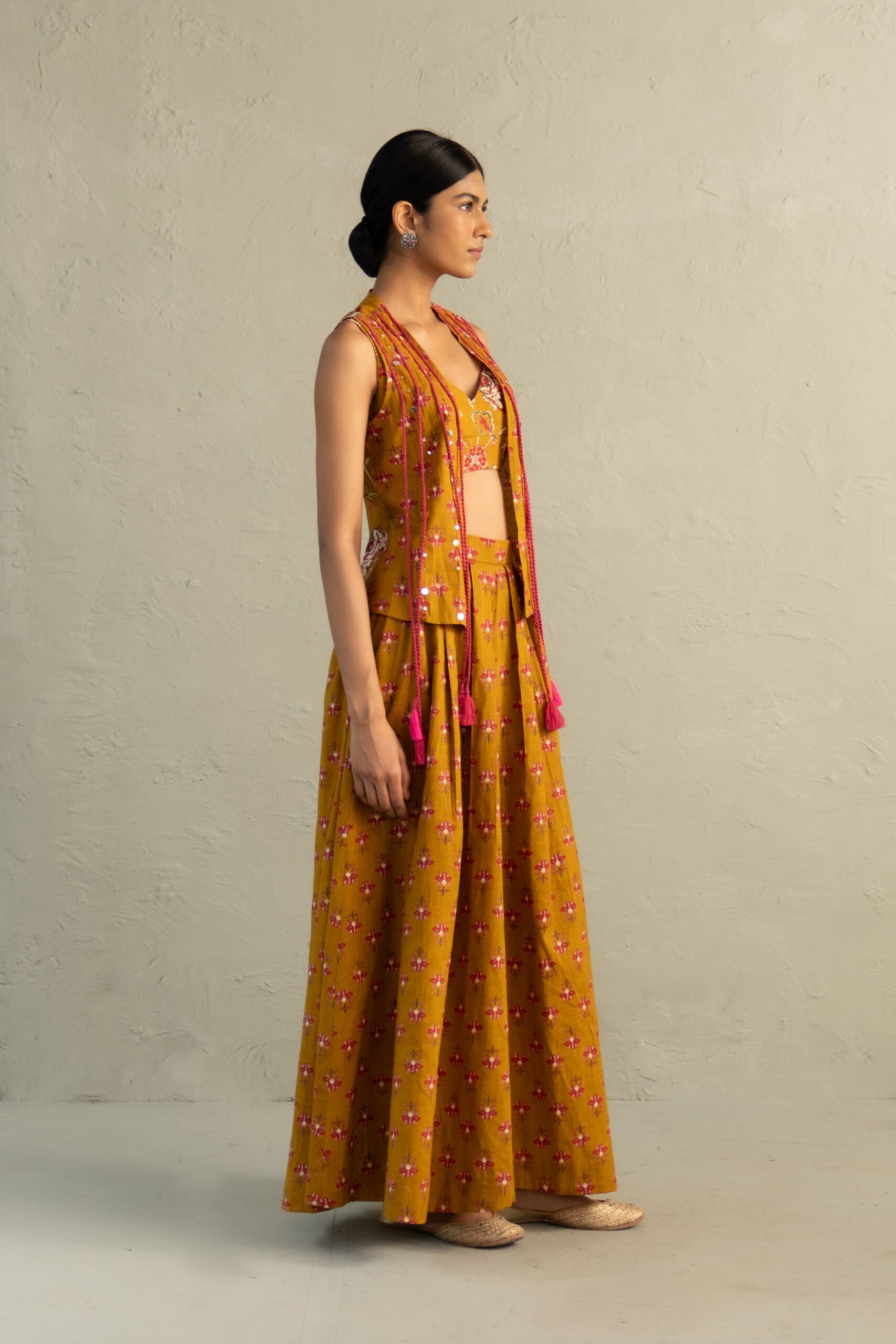 Mustard Phool Dori Coord Skirt Jacket Set