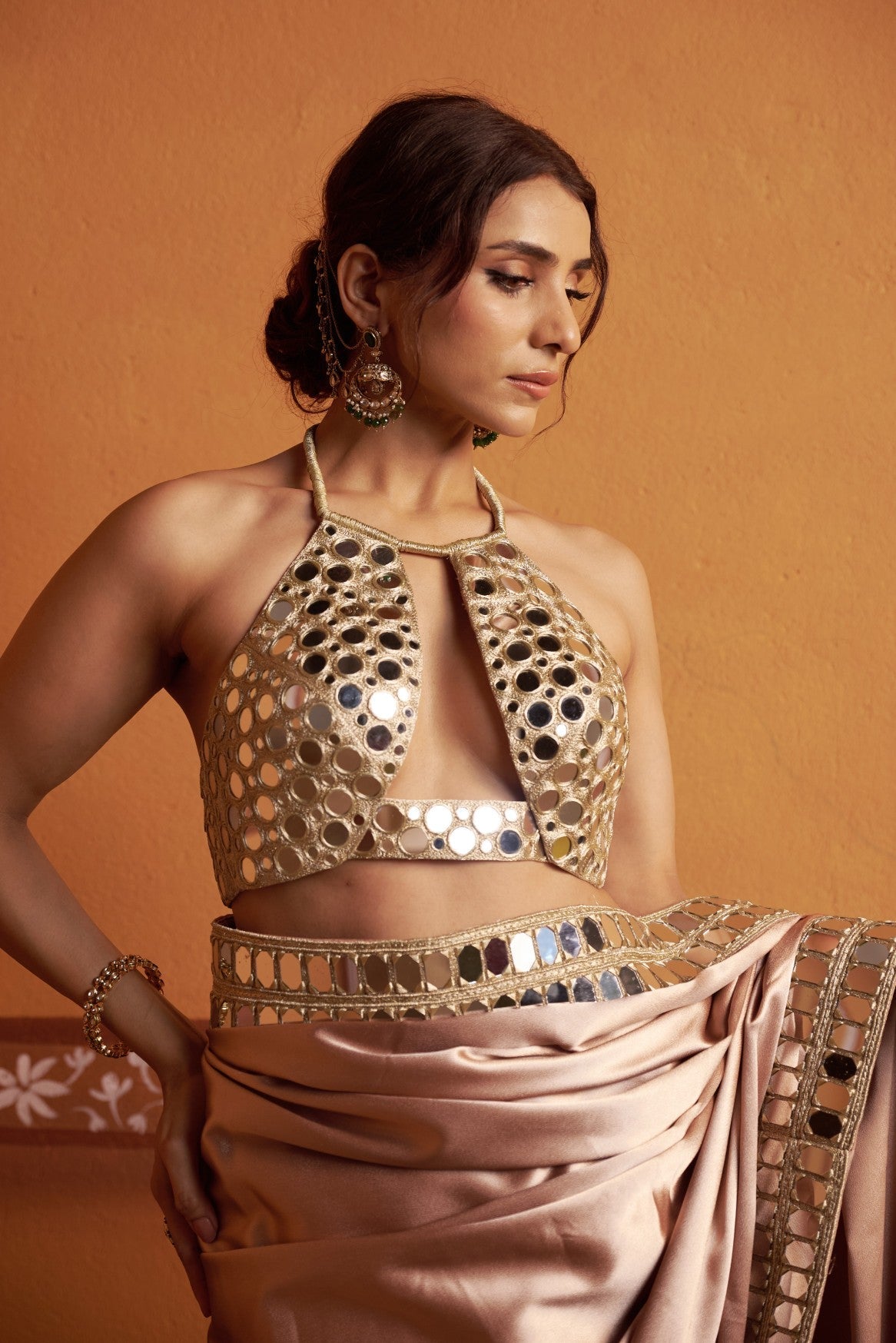 Clay tone fully hand embroidered blouse with mirror work border saree