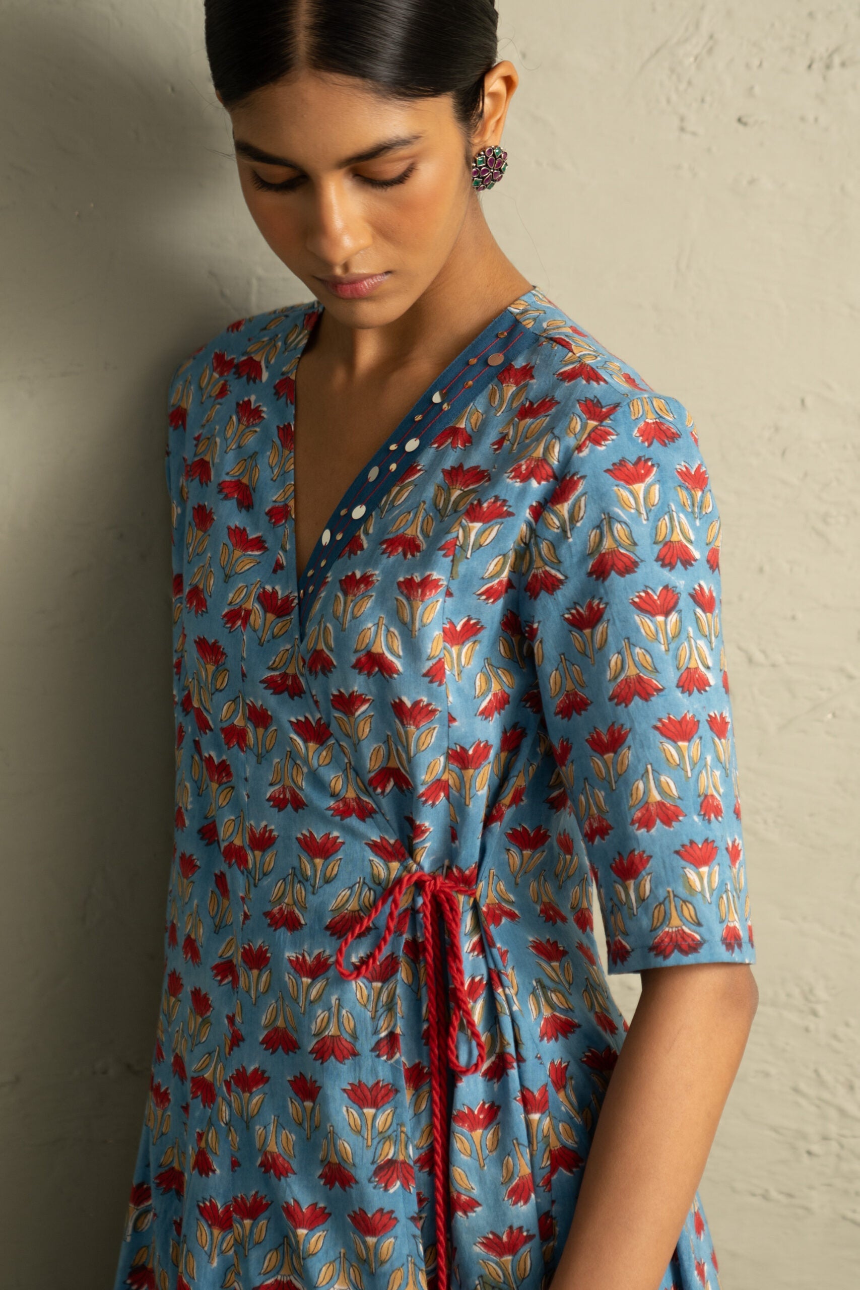 Blue Hand Block Wrap Around Dress