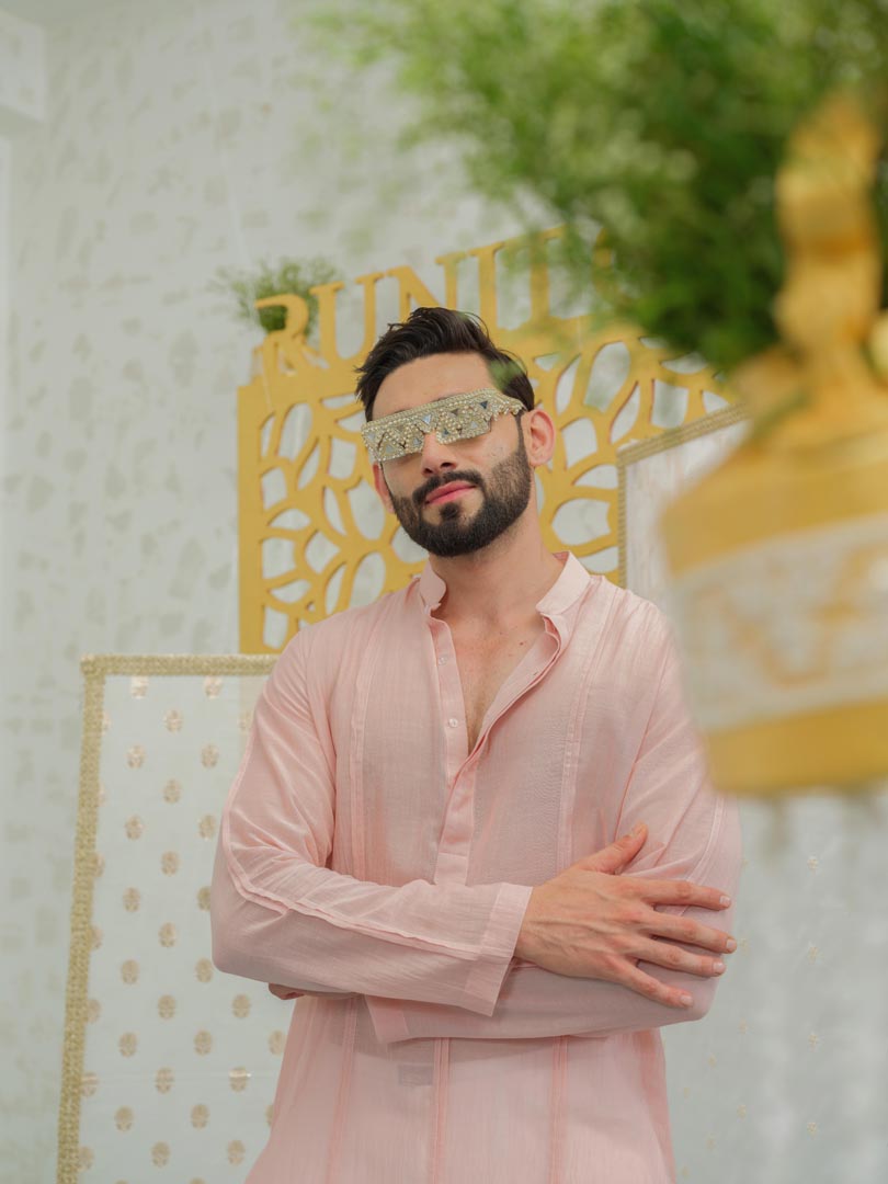 Pleat Pink kurta with Embroidered Pants