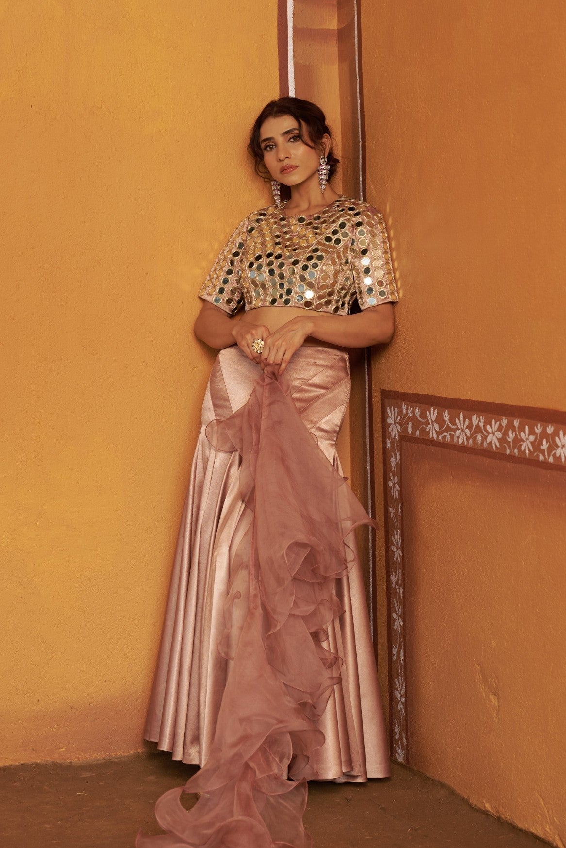 Hand-Embroidered Mirror Work Blouse with Blush Pink Kalidar Lehenga & Ruffle Dupatta