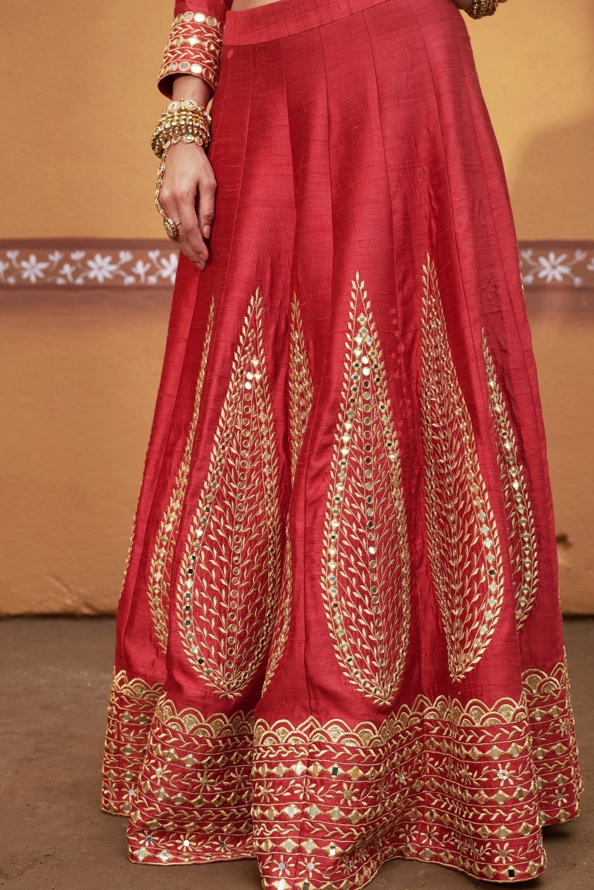 Kalidar red hand embroidered lehenga with blouse and dupatta