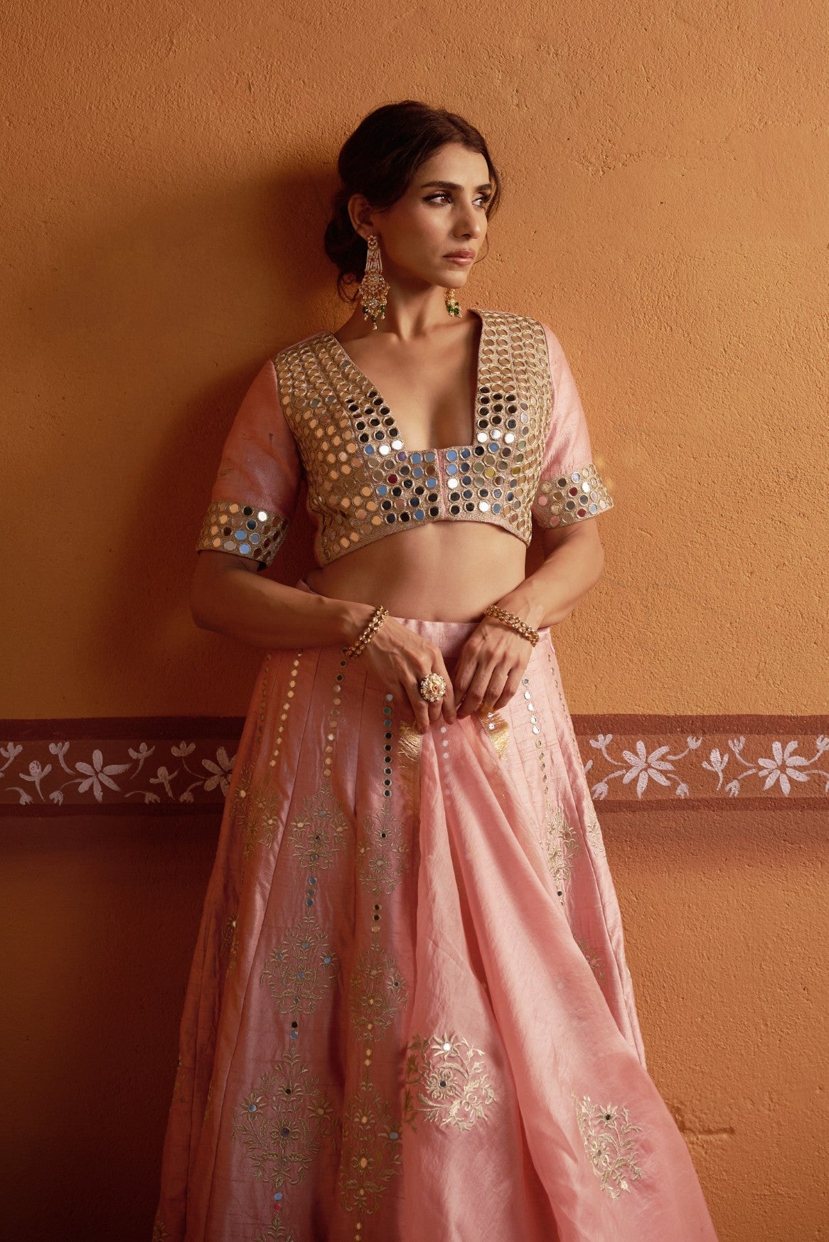 Kalidar blush pink hand embroidered lehenga with blouse and dupatta