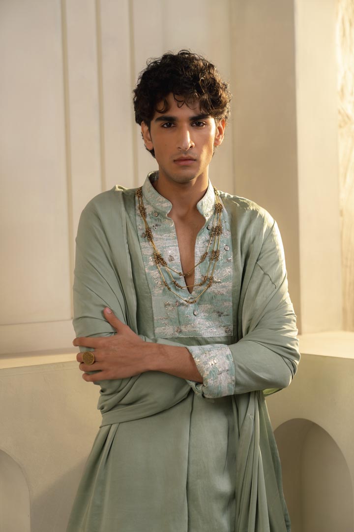 Mint Green Linen Silk Kurta Set with dupatta